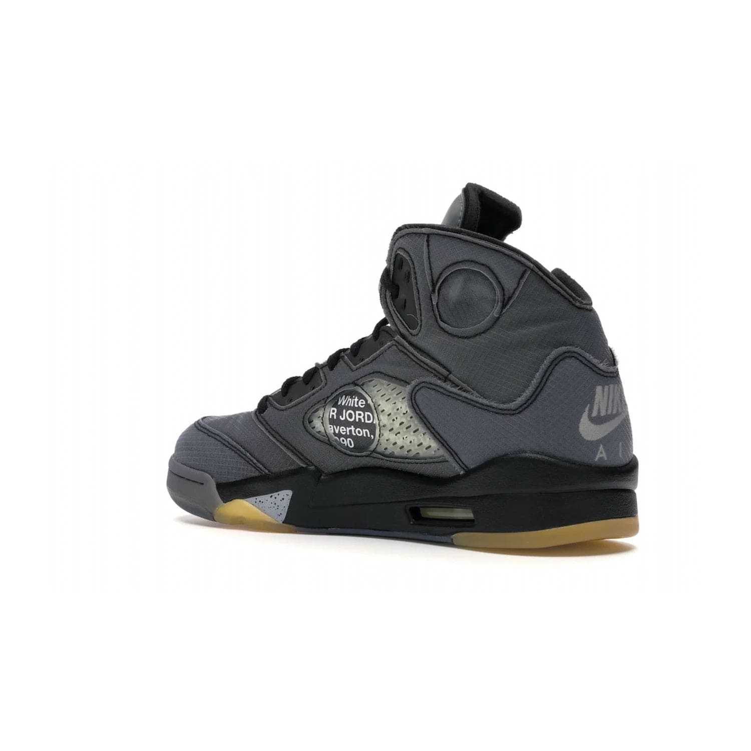 Jordan 5 Retro Off-White Muslin - Image 23 - Only at www.BallersClubKickz.com - Introducing the Jordan 5 Retro High Off-White Muslin, a modern re-imagining of a classic from Virgil Abloh. Featuring a black mesh upper, translucent net panels, window inserts, 3M reflective tongues and aged translucent outsole with fire red Jumpman detailing. Celebrating Nike Air technology, the Jordan 5 Retro released in Feb 2020.
