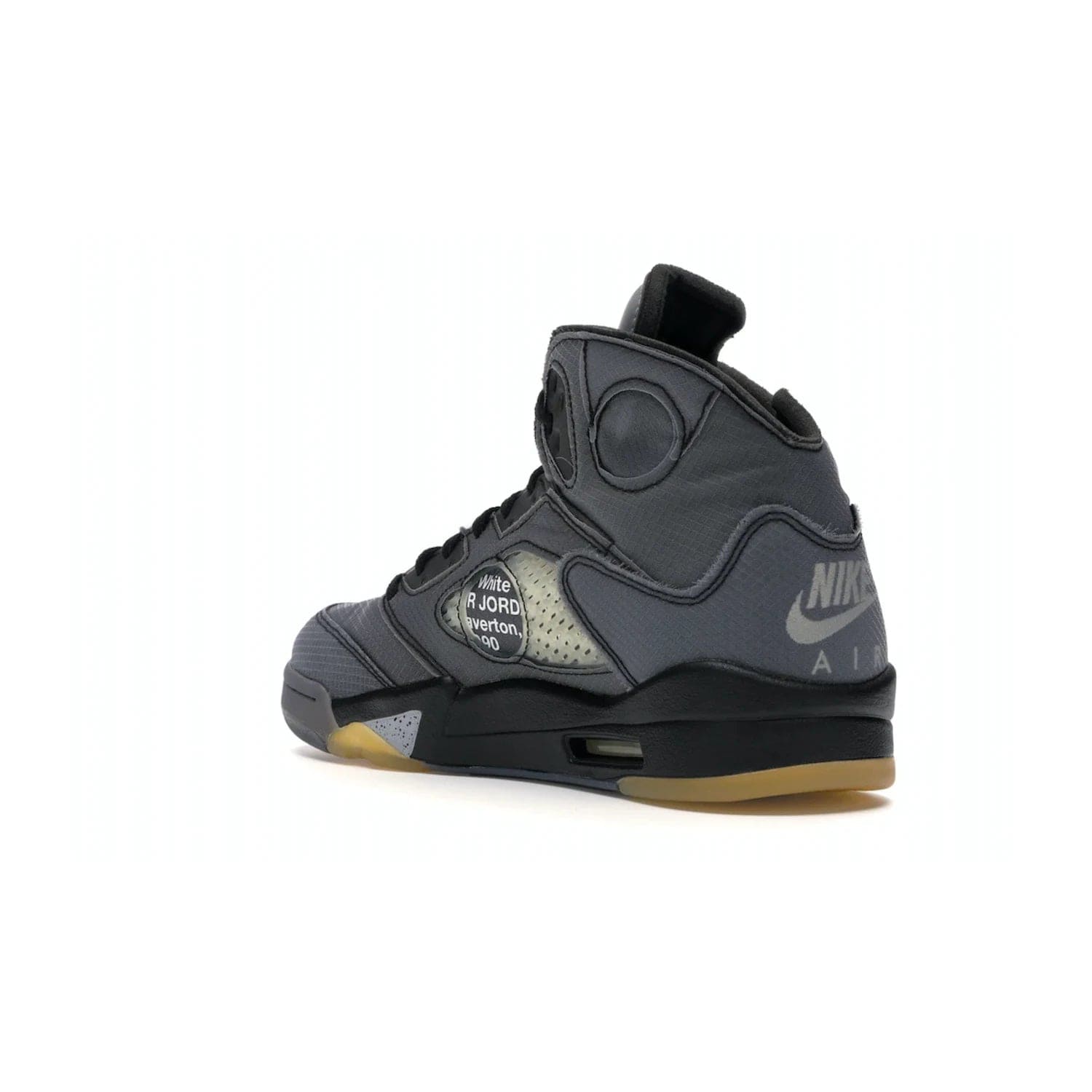 Jordan 5 Retro Off-White Muslin - Image 24 - Only at www.BallersClubKickz.com - Introducing the Jordan 5 Retro High Off-White Muslin, a modern re-imagining of a classic from Virgil Abloh. Featuring a black mesh upper, translucent net panels, window inserts, 3M reflective tongues and aged translucent outsole with fire red Jumpman detailing. Celebrating Nike Air technology, the Jordan 5 Retro released in Feb 2020.