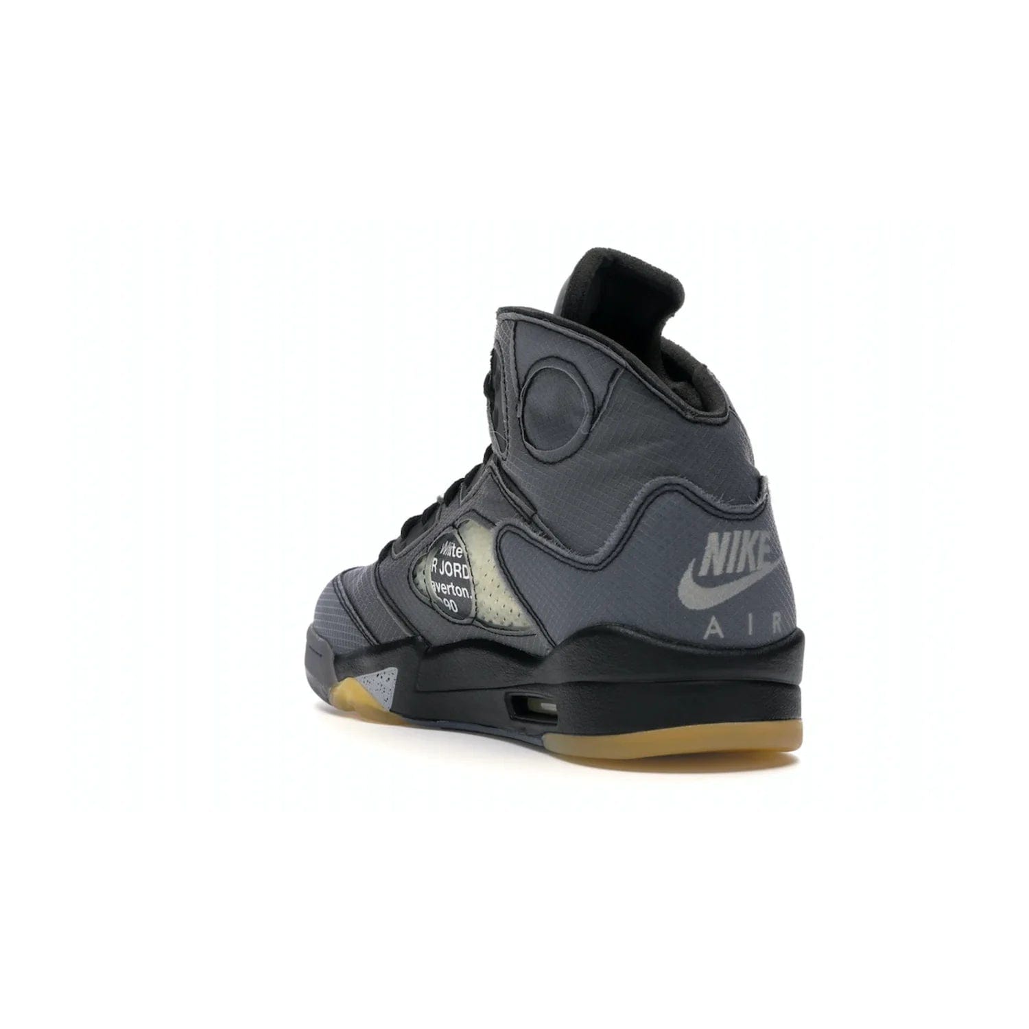 Jordan 5 Retro Off-White Muslin - Image 25 - Only at www.BallersClubKickz.com - Introducing the Jordan 5 Retro High Off-White Muslin, a modern re-imagining of a classic from Virgil Abloh. Featuring a black mesh upper, translucent net panels, window inserts, 3M reflective tongues and aged translucent outsole with fire red Jumpman detailing. Celebrating Nike Air technology, the Jordan 5 Retro released in Feb 2020.