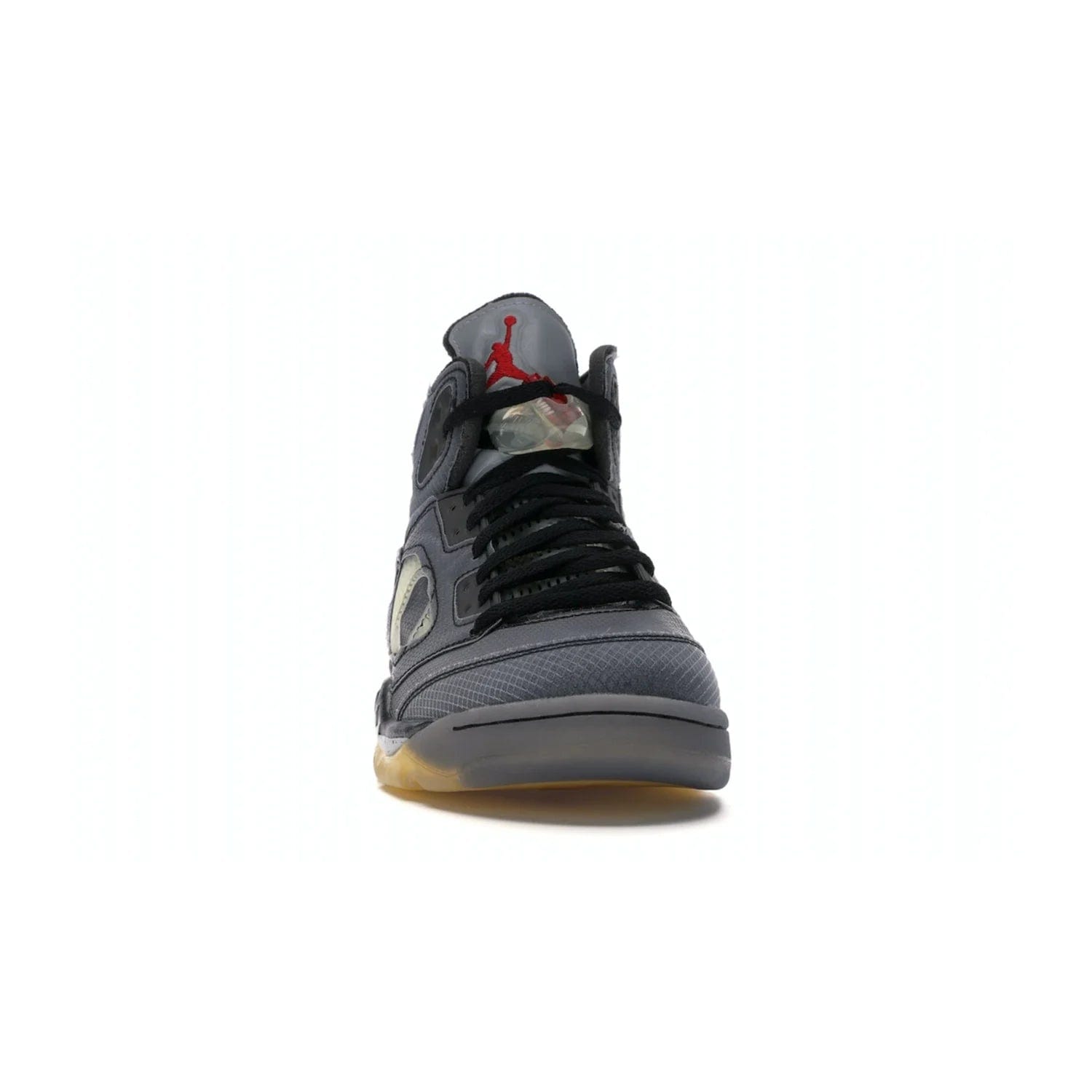 Jordan 5 Retro Off-White Muslin - Image 9 - Only at www.BallersClubKickz.com - Introducing the Jordan 5 Retro High Off-White Muslin, a modern re-imagining of a classic from Virgil Abloh. Featuring a black mesh upper, translucent net panels, window inserts, 3M reflective tongues and aged translucent outsole with fire red Jumpman detailing. Celebrating Nike Air technology, the Jordan 5 Retro released in Feb 2020.
