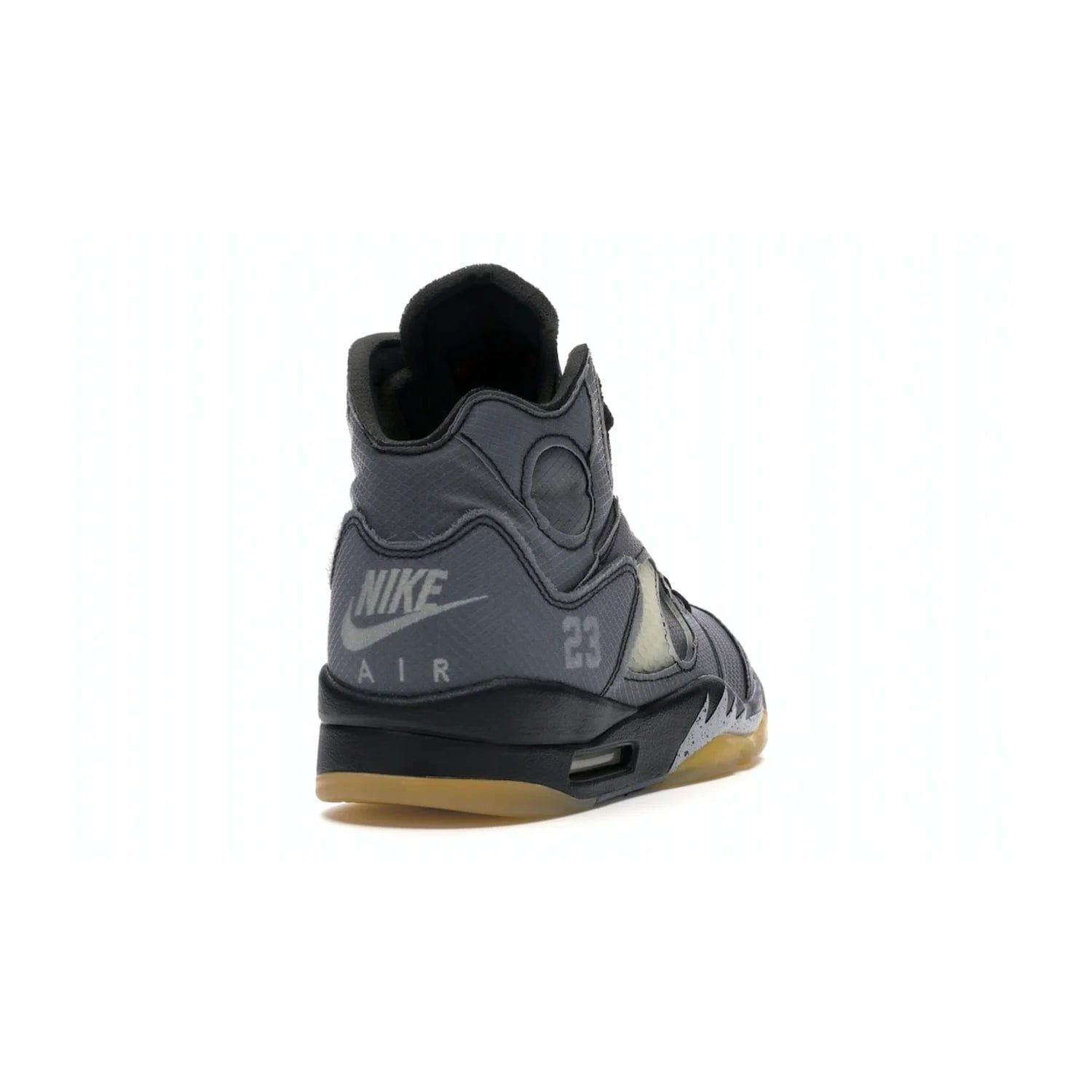 Jordan 5 Retro Off-White Muslin - Image 30 - Only at www.BallersClubKickz.com - Introducing the Jordan 5 Retro High Off-White Muslin, a modern re-imagining of a classic from Virgil Abloh. Featuring a black mesh upper, translucent net panels, window inserts, 3M reflective tongues and aged translucent outsole with fire red Jumpman detailing. Celebrating Nike Air technology, the Jordan 5 Retro released in Feb 2020.