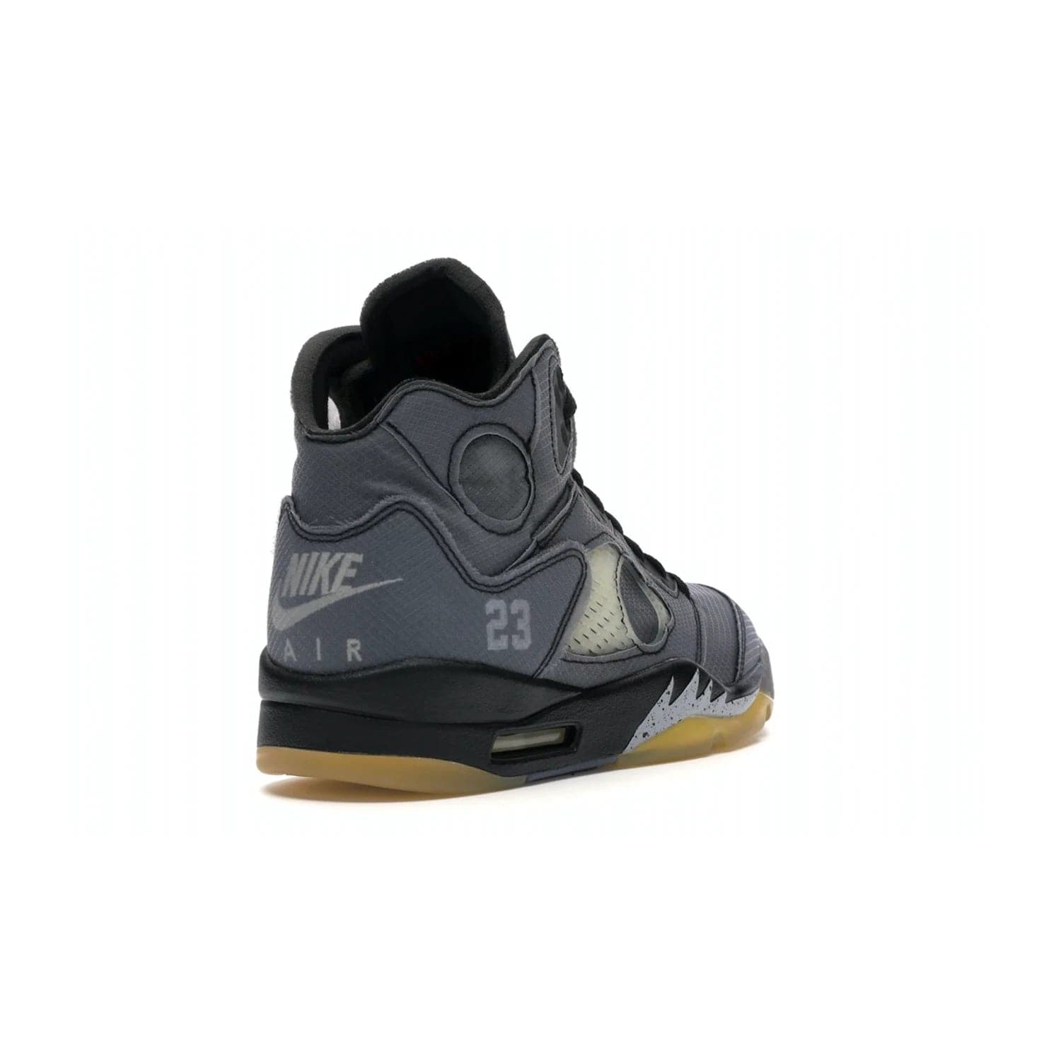 Jordan 5 Retro Off-White Muslin - Image 31 - Only at www.BallersClubKickz.com - Introducing the Jordan 5 Retro High Off-White Muslin, a modern re-imagining of a classic from Virgil Abloh. Featuring a black mesh upper, translucent net panels, window inserts, 3M reflective tongues and aged translucent outsole with fire red Jumpman detailing. Celebrating Nike Air technology, the Jordan 5 Retro released in Feb 2020.