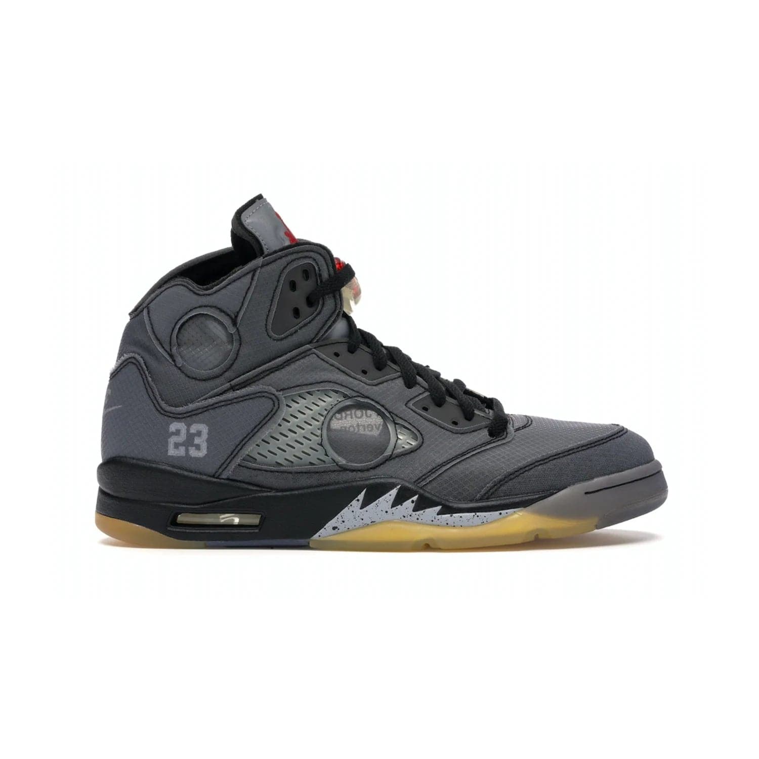 Jordan 5 Retro Off-White Muslin - Image 1 - Only at www.BallersClubKickz.com - Introducing the Jordan 5 Retro High Off-White Muslin, a modern re-imagining of a classic from Virgil Abloh. Featuring a black mesh upper, translucent net panels, window inserts, 3M reflective tongues and aged translucent outsole with fire red Jumpman detailing. Celebrating Nike Air technology, the Jordan 5 Retro released in Feb 2020.