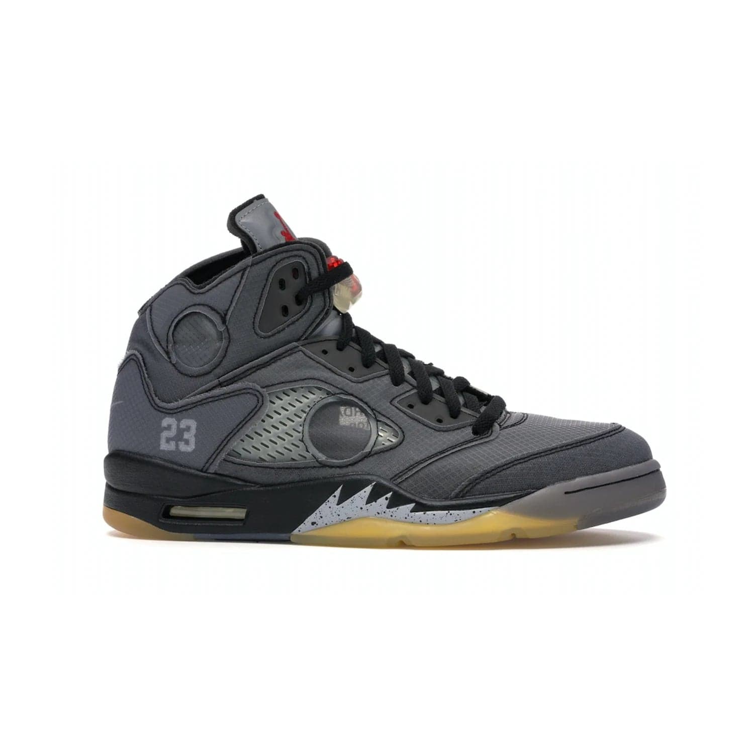 Jordan 5 Retro Off-White Muslin - Image 2 - Only at www.BallersClubKickz.com - Introducing the Jordan 5 Retro High Off-White Muslin, a modern re-imagining of a classic from Virgil Abloh. Featuring a black mesh upper, translucent net panels, window inserts, 3M reflective tongues and aged translucent outsole with fire red Jumpman detailing. Celebrating Nike Air technology, the Jordan 5 Retro released in Feb 2020.