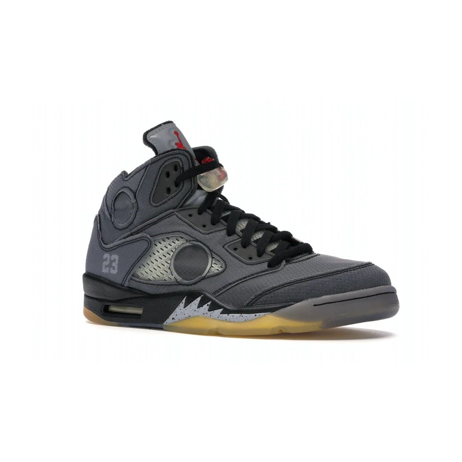 Jordan 5 Retro Off-White Muslin - Image 4 - Only at www.BallersClubKickz.com - Introducing the Jordan 5 Retro High Off-White Muslin, a modern re-imagining of a classic from Virgil Abloh. Featuring a black mesh upper, translucent net panels, window inserts, 3M reflective tongues and aged translucent outsole with fire red Jumpman detailing. Celebrating Nike Air technology, the Jordan 5 Retro released in Feb 2020.