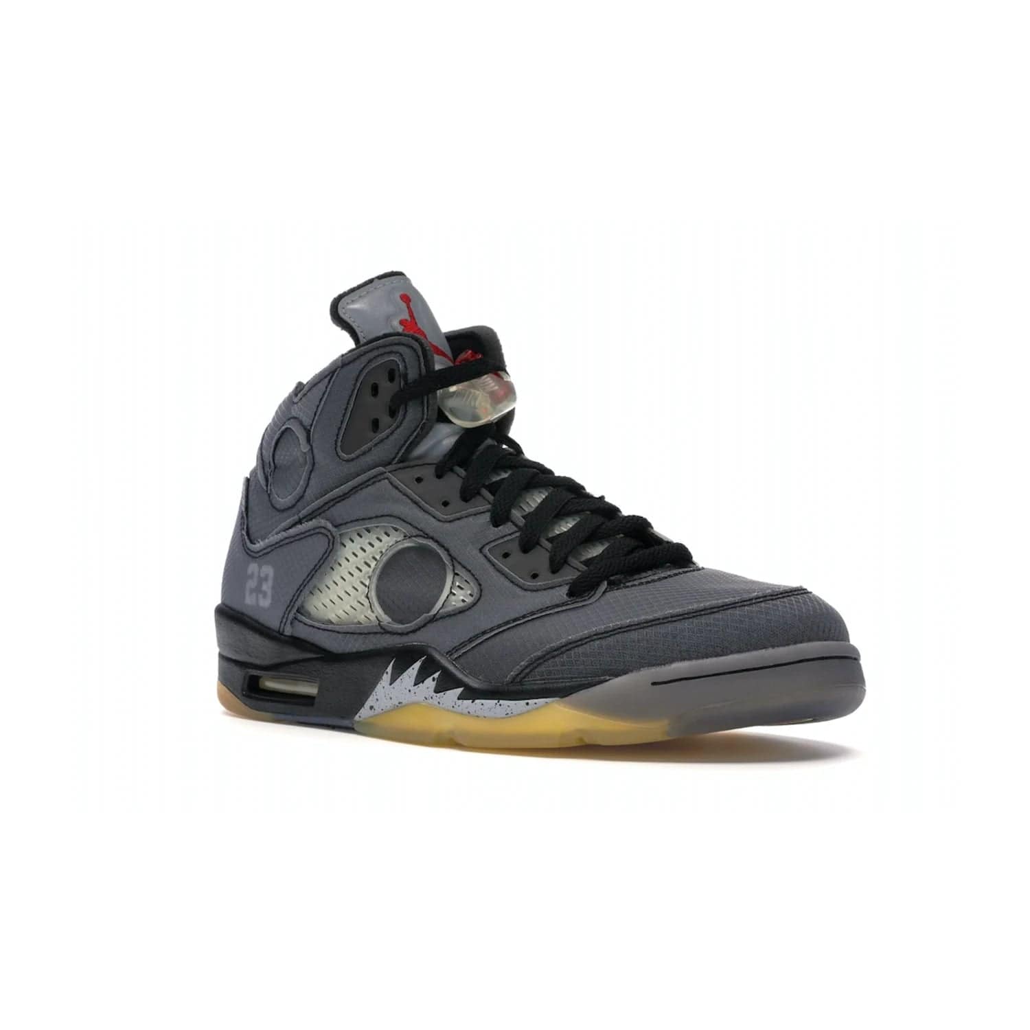 Jordan 5 Retro Off-White Muslin - Image 5 - Only at www.BallersClubKickz.com - Introducing the Jordan 5 Retro High Off-White Muslin, a modern re-imagining of a classic from Virgil Abloh. Featuring a black mesh upper, translucent net panels, window inserts, 3M reflective tongues and aged translucent outsole with fire red Jumpman detailing. Celebrating Nike Air technology, the Jordan 5 Retro released in Feb 2020.