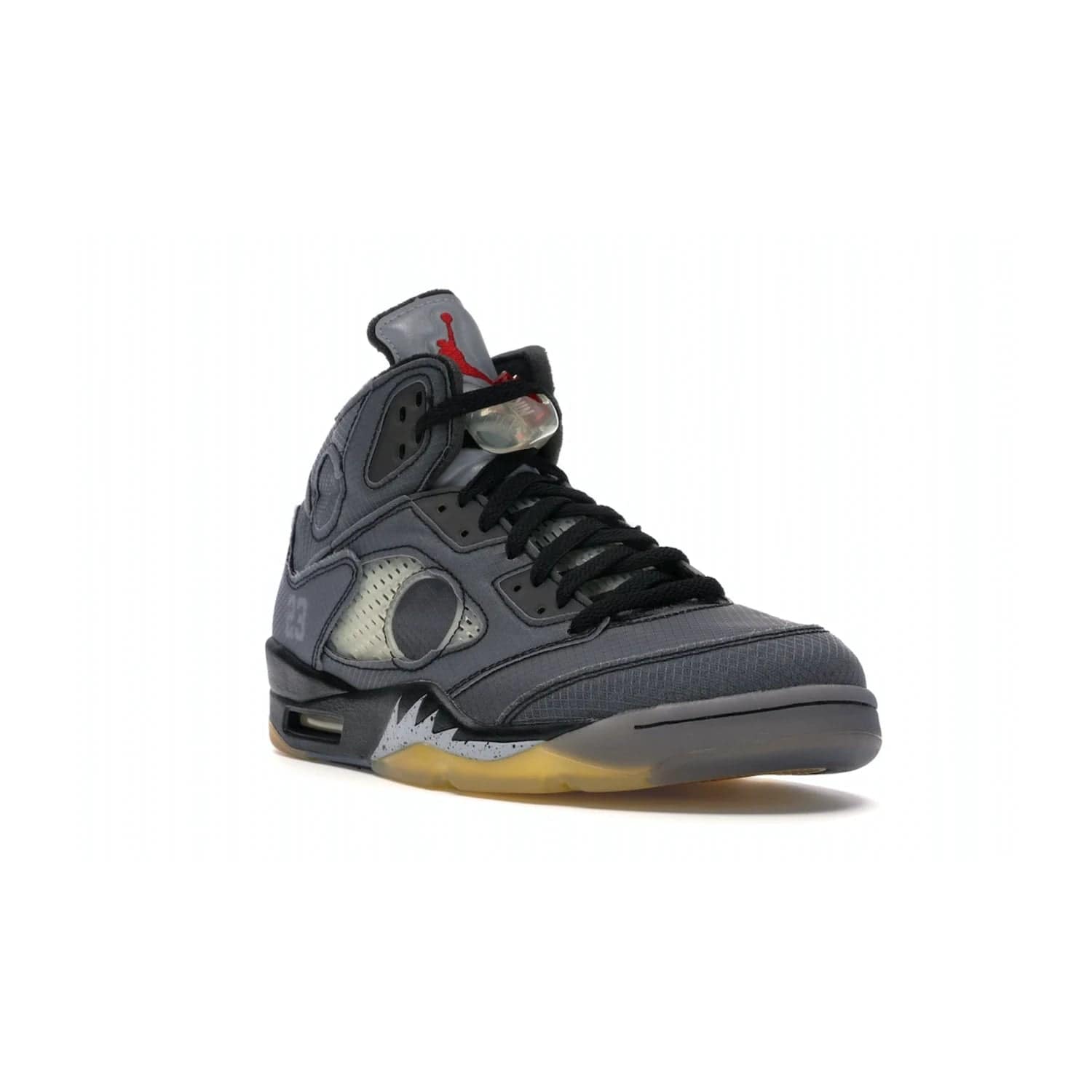 Jordan 5 Retro Off-White Muslin - Image 6 - Only at www.BallersClubKickz.com - Introducing the Jordan 5 Retro High Off-White Muslin, a modern re-imagining of a classic from Virgil Abloh. Featuring a black mesh upper, translucent net panels, window inserts, 3M reflective tongues and aged translucent outsole with fire red Jumpman detailing. Celebrating Nike Air technology, the Jordan 5 Retro released in Feb 2020.
