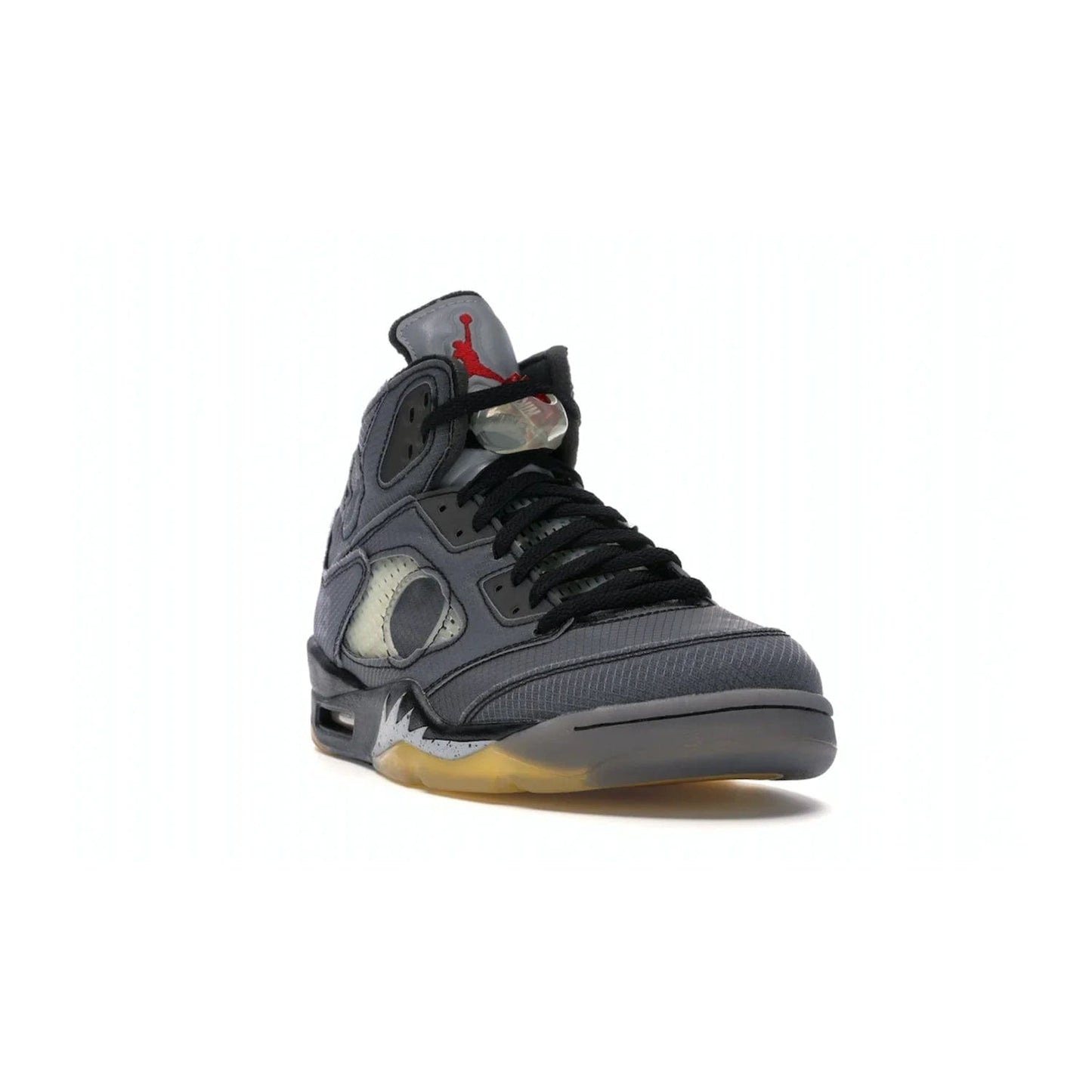 Jordan 5 Retro Off-White Muslin - Image 7 - Only at www.BallersClubKickz.com - Introducing the Jordan 5 Retro High Off-White Muslin, a modern re-imagining of a classic from Virgil Abloh. Featuring a black mesh upper, translucent net panels, window inserts, 3M reflective tongues and aged translucent outsole with fire red Jumpman detailing. Celebrating Nike Air technology, the Jordan 5 Retro released in Feb 2020.