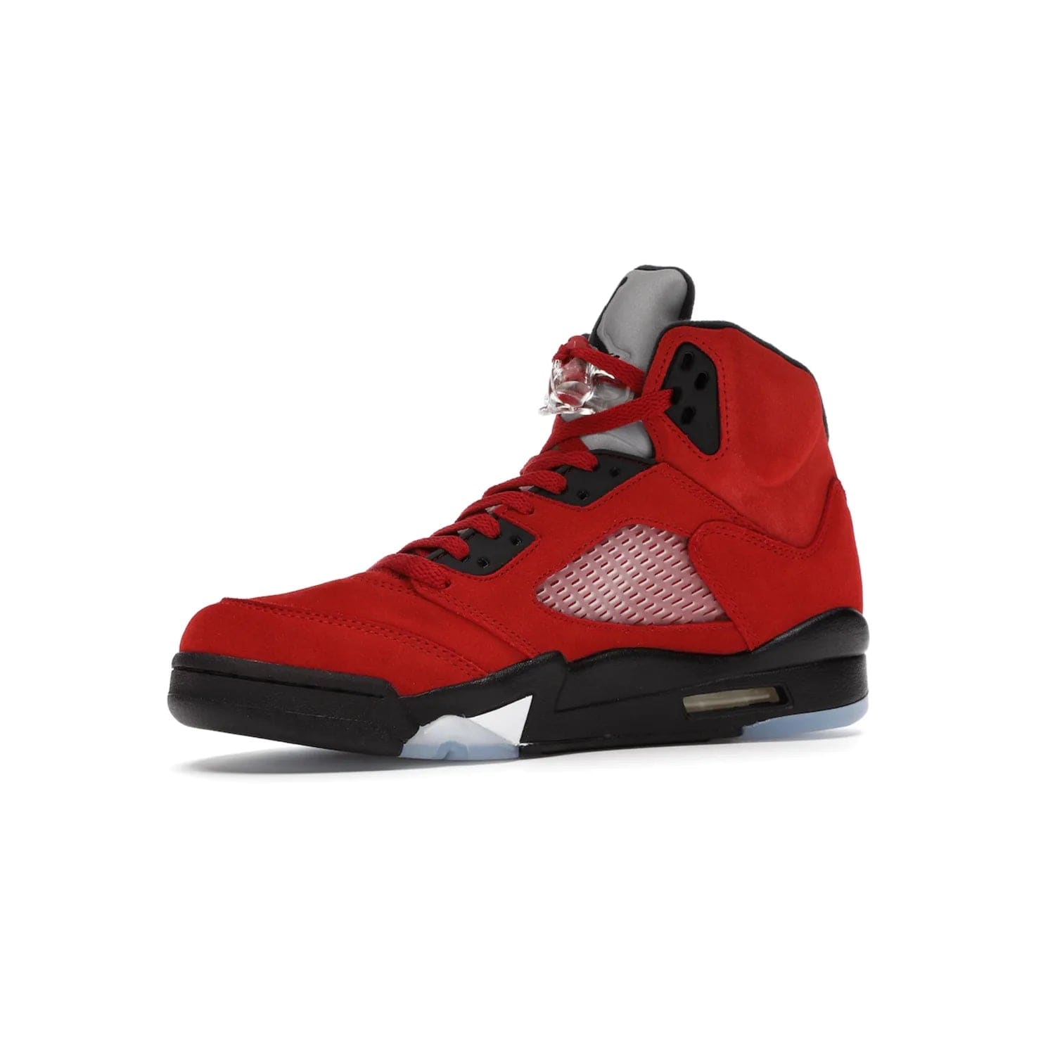 Jordan 5 Retro Raging Bull Red (2021) - Image 16 - Only at www.BallersClubKickz.com - Get ready for the 2021 stand-alone release of the Air Jordan 5 Raging Bulls! This all-suede upper combines luxe details like a Jumpman logo, red & black "23" embroidery and shark tooth detailing, atop a black midsole. Don't miss out - release date in April 2021 for $190.