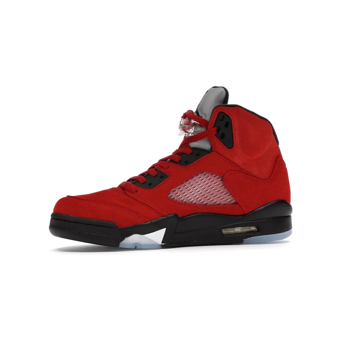 Jordan 5 Retro Raging Bull Red (2021) - Image 17 - Only at www.BallersClubKickz.com - Get ready for the 2021 stand-alone release of the Air Jordan 5 Raging Bulls! This all-suede upper combines luxe details like a Jumpman logo, red & black "23" embroidery and shark tooth detailing, atop a black midsole. Don't miss out - release date in April 2021 for $190.