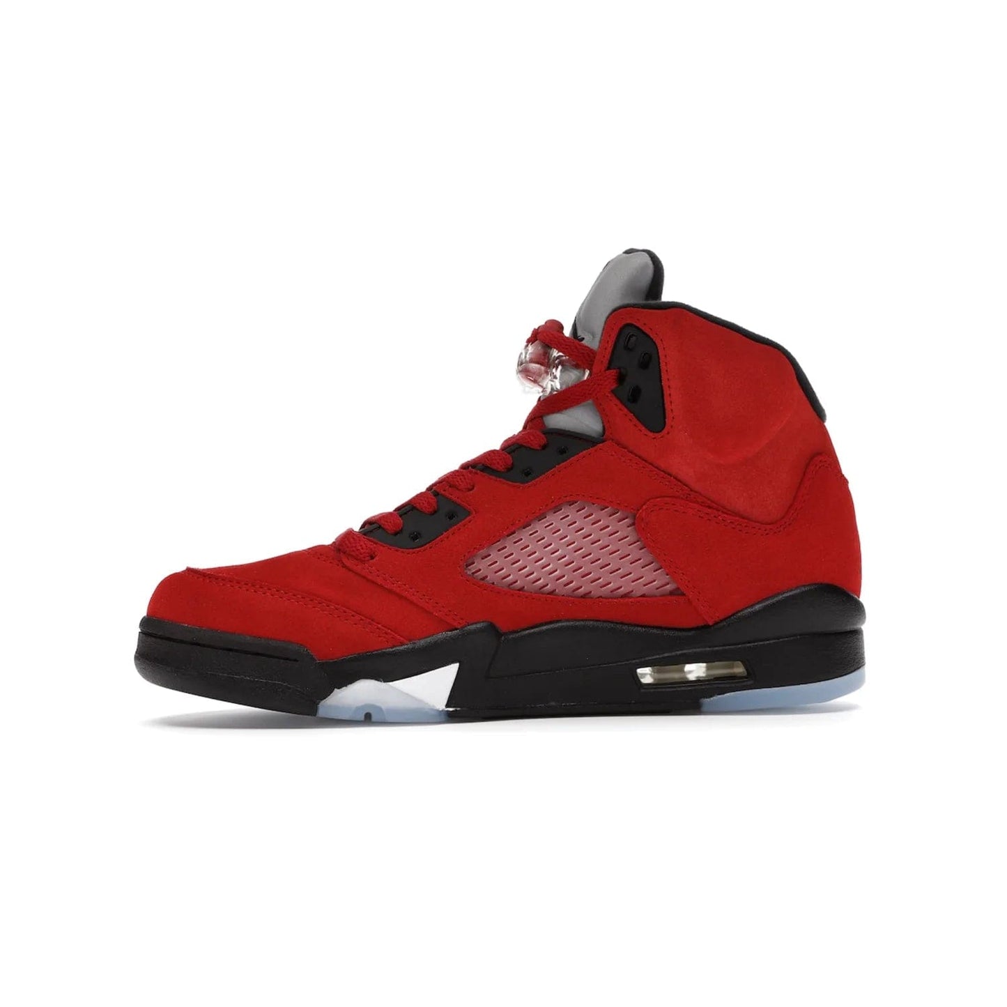 Jordan 5 Retro Raging Bull Red (2021) - Image 18 - Only at www.BallersClubKickz.com - Get ready for the 2021 stand-alone release of the Air Jordan 5 Raging Bulls! This all-suede upper combines luxe details like a Jumpman logo, red & black "23" embroidery and shark tooth detailing, atop a black midsole. Don't miss out - release date in April 2021 for $190.