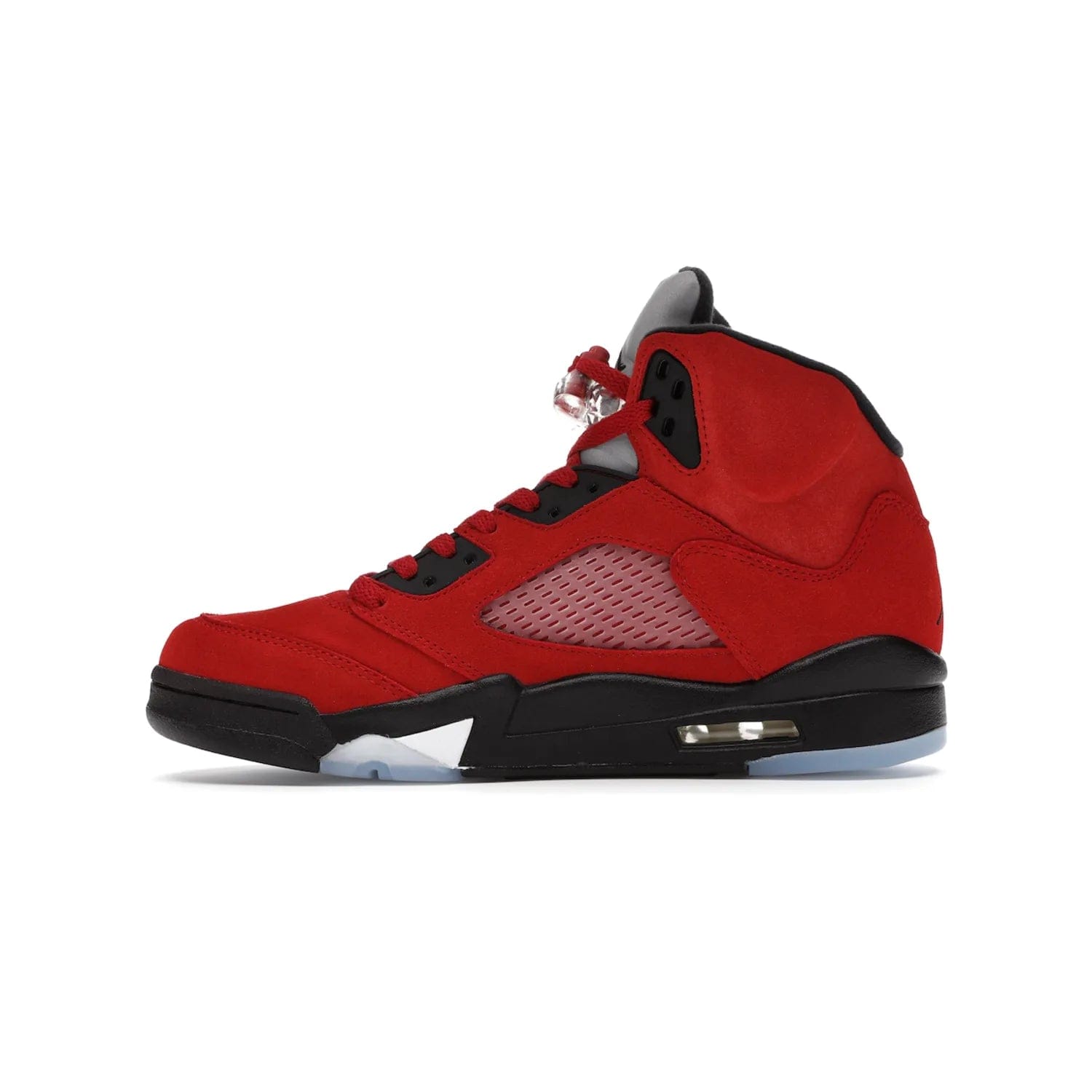 Jordan 5 Retro Raging Bull Red (2021) - Image 19 - Only at www.BallersClubKickz.com - Get ready for the 2021 stand-alone release of the Air Jordan 5 Raging Bulls! This all-suede upper combines luxe details like a Jumpman logo, red & black "23" embroidery and shark tooth detailing, atop a black midsole. Don't miss out - release date in April 2021 for $190.
