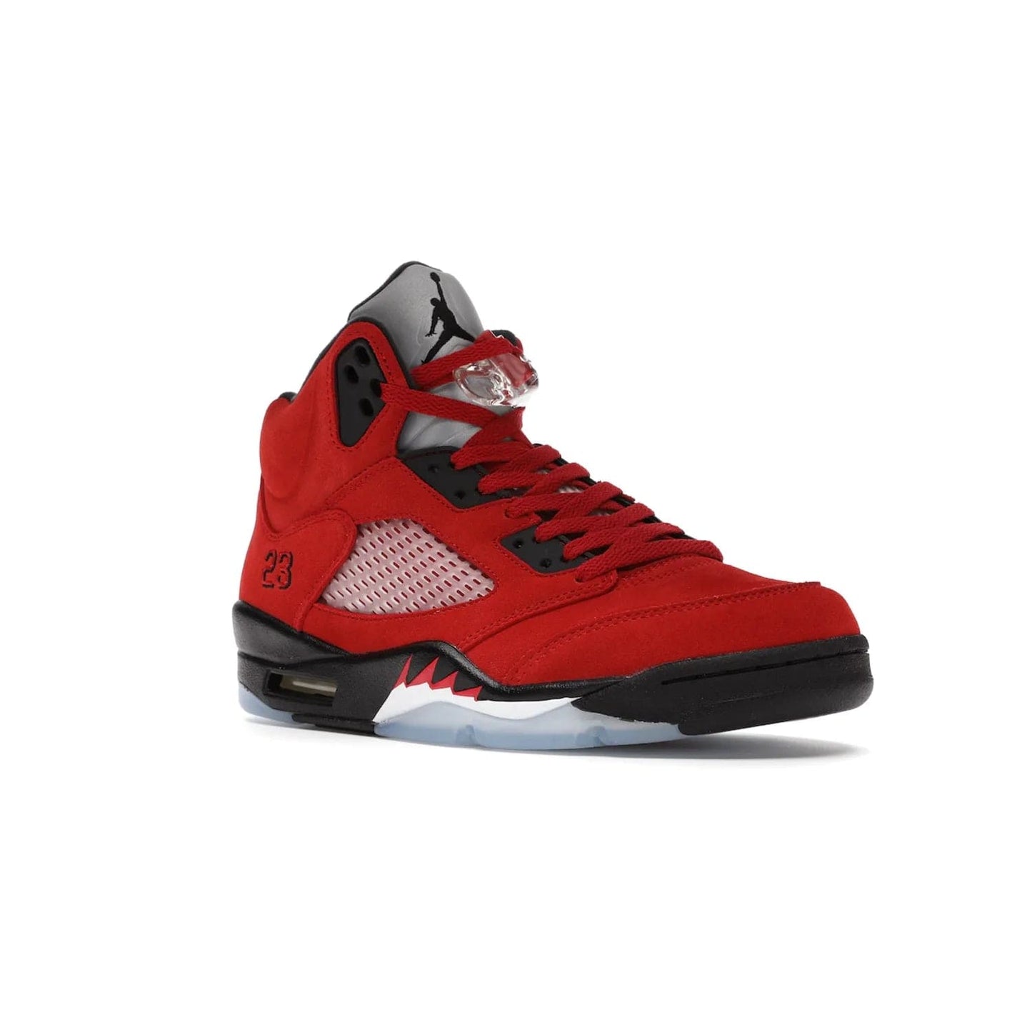 Jordan 5 Retro Raging Bull Red (2021) - Image 5 - Only at www.BallersClubKickz.com - Get ready for the 2021 stand-alone release of the Air Jordan 5 Raging Bulls! This all-suede upper combines luxe details like a Jumpman logo, red & black "23" embroidery and shark tooth detailing, atop a black midsole. Don't miss out - release date in April 2021 for $190.