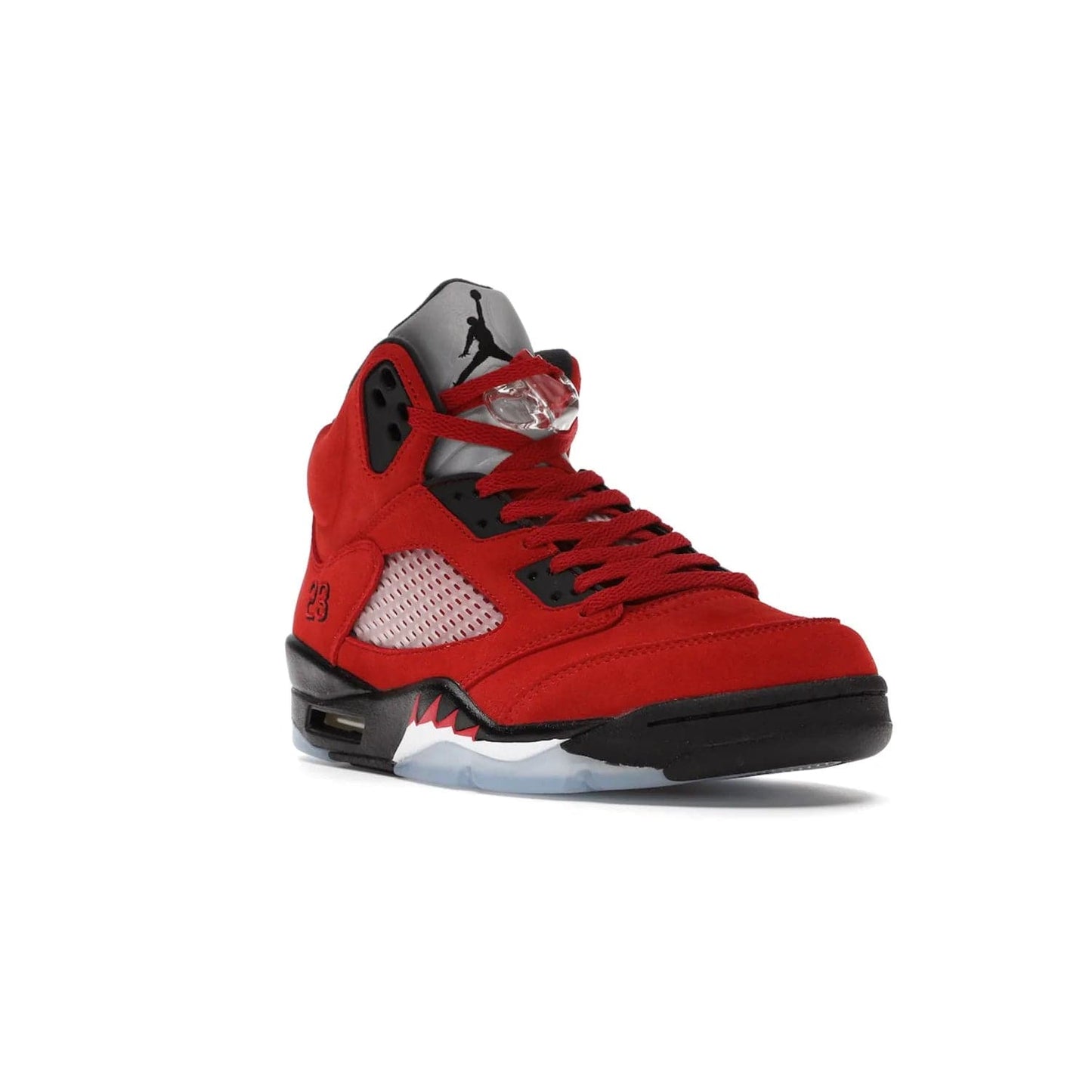 Jordan 5 Retro Raging Bull Red (2021) - Image 6 - Only at www.BallersClubKickz.com - Get ready for the 2021 stand-alone release of the Air Jordan 5 Raging Bulls! This all-suede upper combines luxe details like a Jumpman logo, red & black "23" embroidery and shark tooth detailing, atop a black midsole. Don't miss out - release date in April 2021 for $190.