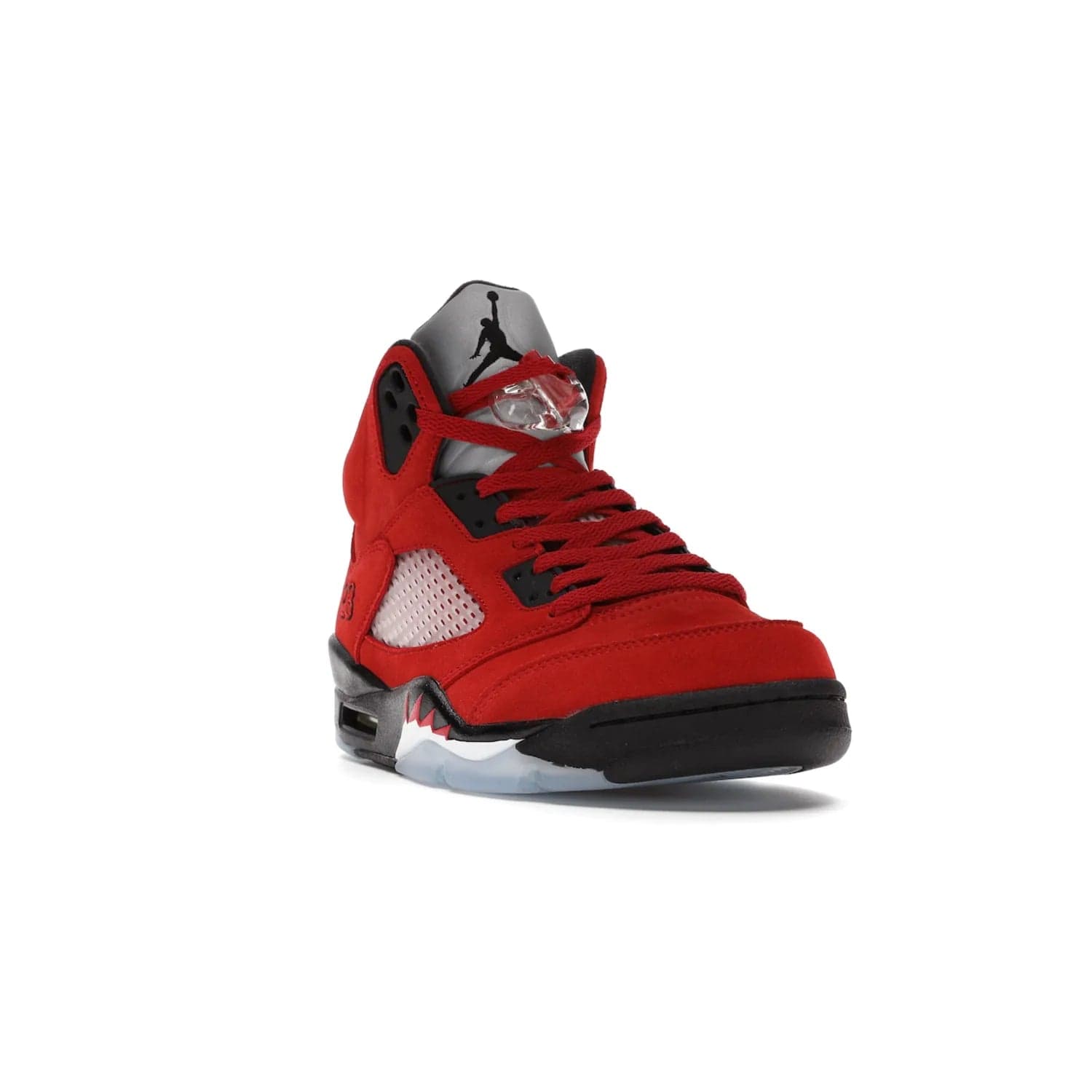 Jordan 5 Retro Raging Bull Red (2021) - Image 7 - Only at www.BallersClubKickz.com - Get ready for the 2021 stand-alone release of the Air Jordan 5 Raging Bulls! This all-suede upper combines luxe details like a Jumpman logo, red & black "23" embroidery and shark tooth detailing, atop a black midsole. Don't miss out - release date in April 2021 for $190.
