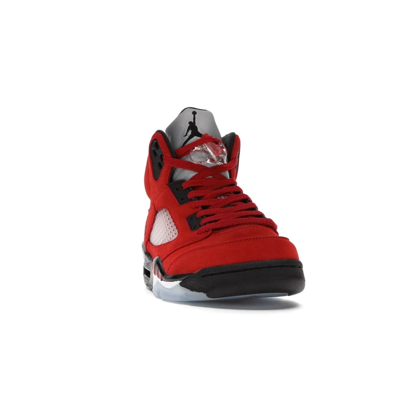 Jordan 5 Retro Raging Bull Red (2021) - Image 8 - Only at www.BallersClubKickz.com - Get ready for the 2021 stand-alone release of the Air Jordan 5 Raging Bulls! This all-suede upper combines luxe details like a Jumpman logo, red & black "23" embroidery and shark tooth detailing, atop a black midsole. Don't miss out - release date in April 2021 for $190.
