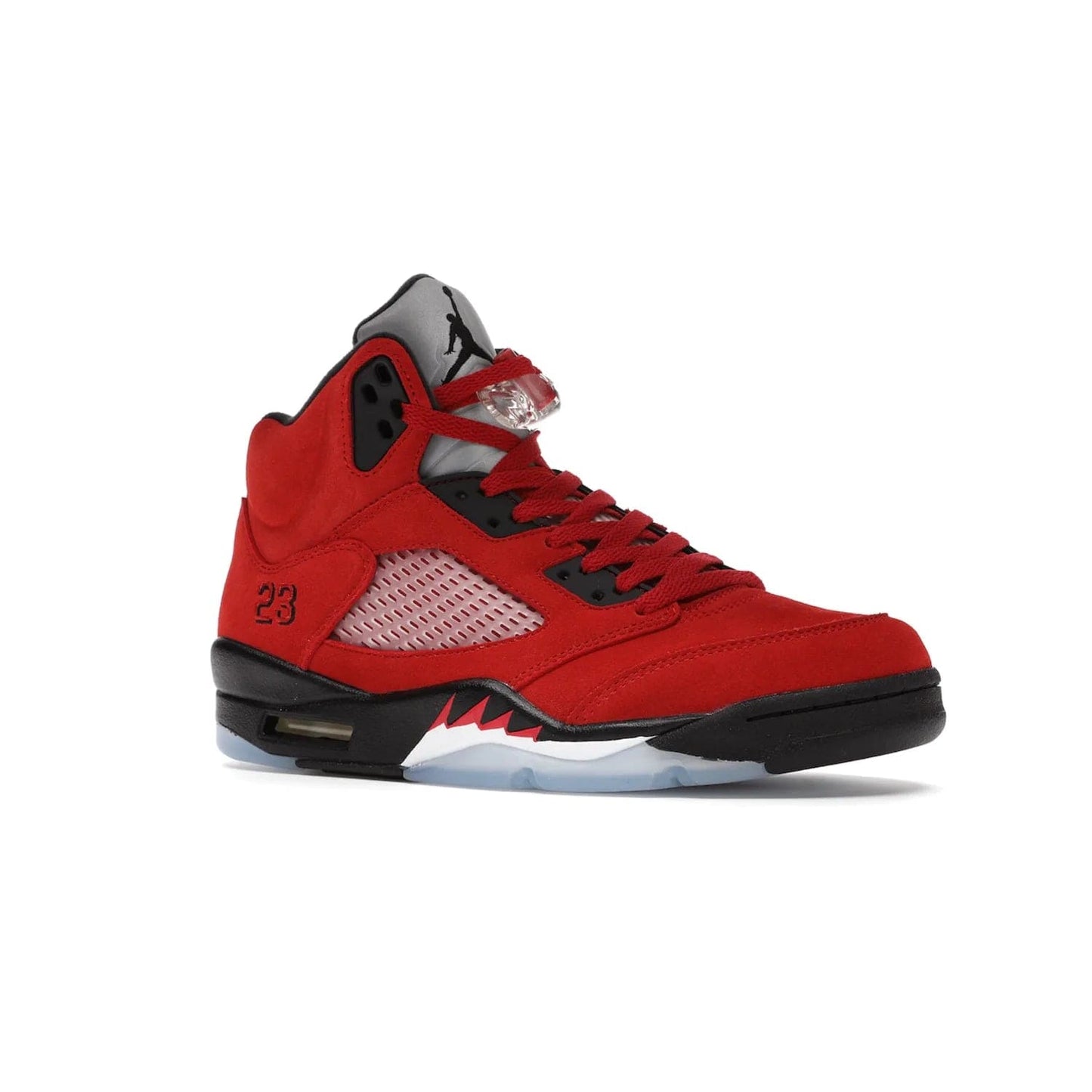 Jordan 5 Retro Raging Bull Red (2021) - Image 4 - Only at www.BallersClubKickz.com - Get ready for the 2021 stand-alone release of the Air Jordan 5 Raging Bulls! This all-suede upper combines luxe details like a Jumpman logo, red & black "23" embroidery and shark tooth detailing, atop a black midsole. Don't miss out - release date in April 2021 for $190.