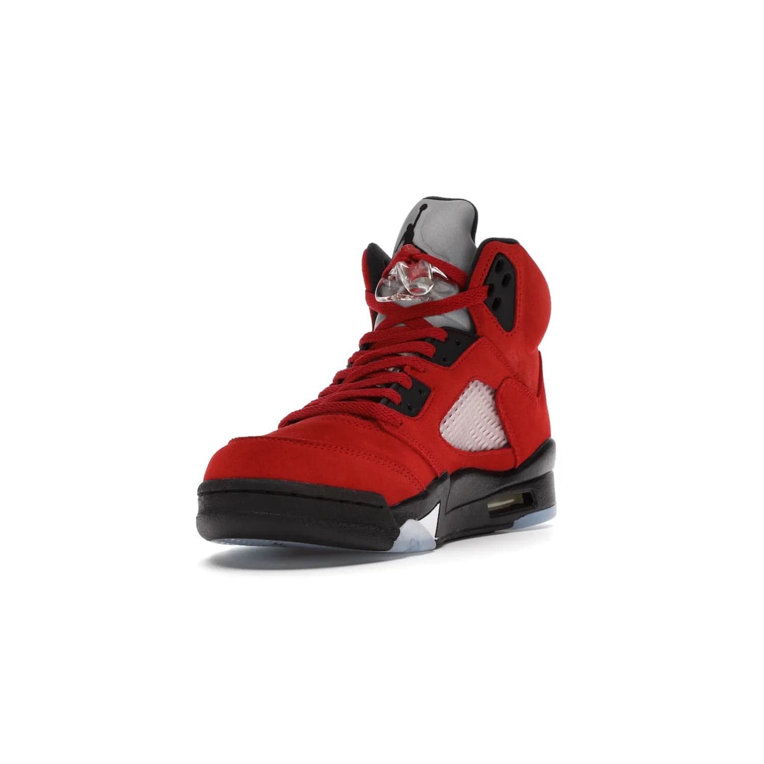 Jordan 5 Retro Raging Bull Red (2021) - Image 13 - Only at www.BallersClubKickz.com - Get ready for the 2021 stand-alone release of the Air Jordan 5 Raging Bulls! This all-suede upper combines luxe details like a Jumpman logo, red & black "23" embroidery and shark tooth detailing, atop a black midsole. Don't miss out - release date in April 2021 for $190.