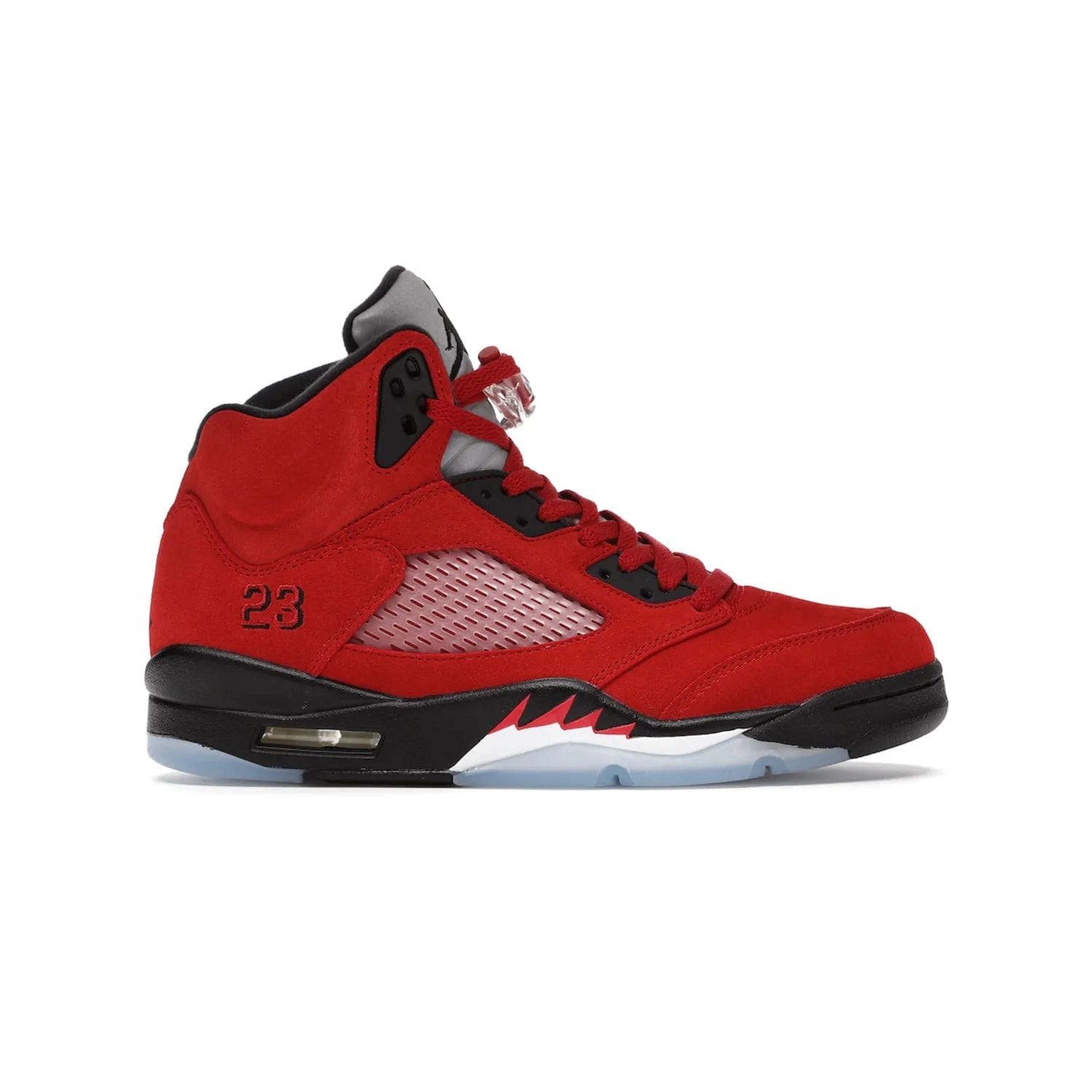 Jordan 5 Retro Raging Bull Red (2021) - Image 1 - Only at www.BallersClubKickz.com - Get ready for the 2021 stand-alone release of the Air Jordan 5 Raging Bulls! This all-suede upper combines luxe details like a Jumpman logo, red & black "23" embroidery and shark tooth detailing, atop a black midsole. Don't miss out - release date in April 2021 for $190.