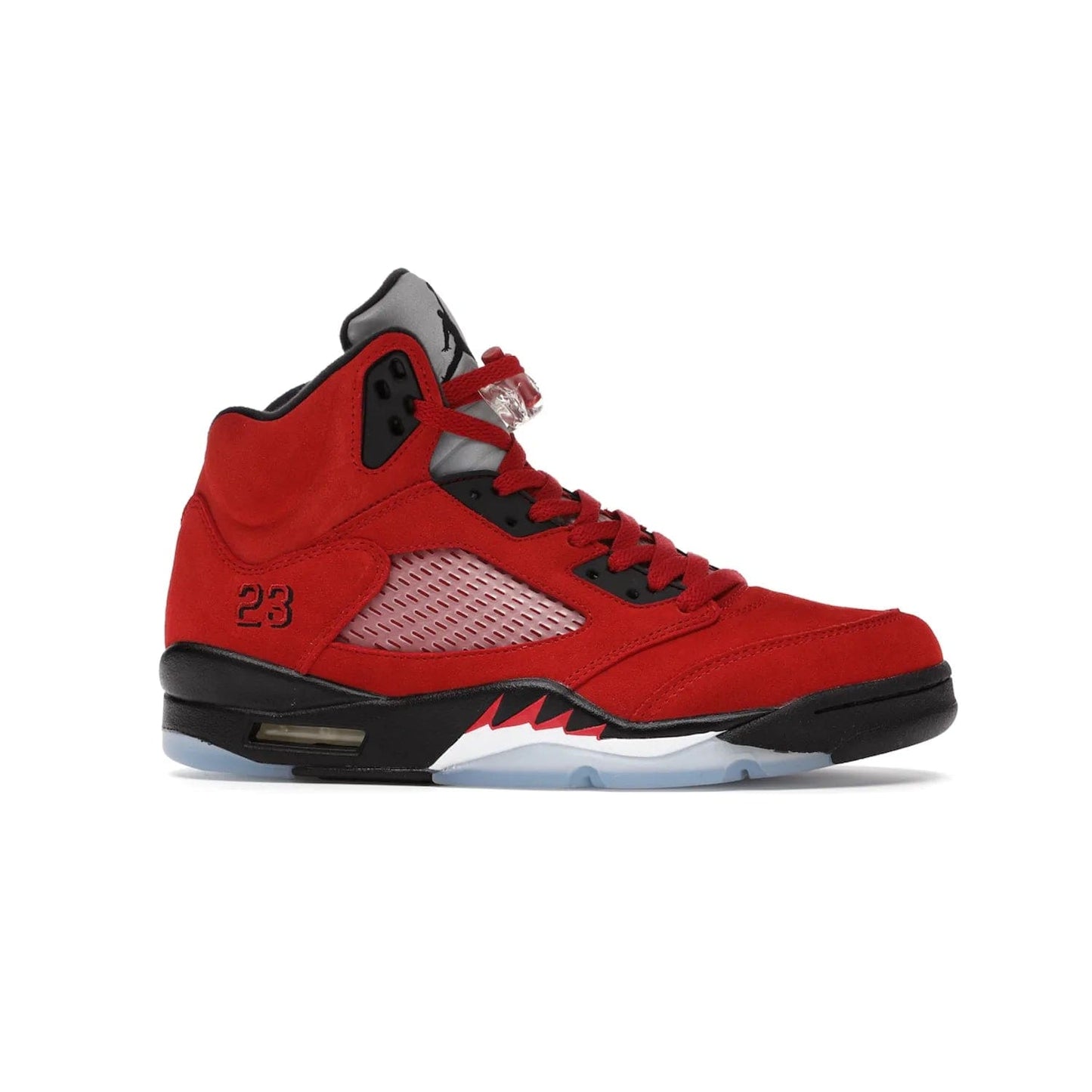 Jordan 5 Retro Raging Bull Red (2021) - Image 2 - Only at www.BallersClubKickz.com - Get ready for the 2021 stand-alone release of the Air Jordan 5 Raging Bulls! This all-suede upper combines luxe details like a Jumpman logo, red & black "23" embroidery and shark tooth detailing, atop a black midsole. Don't miss out - release date in April 2021 for $190.