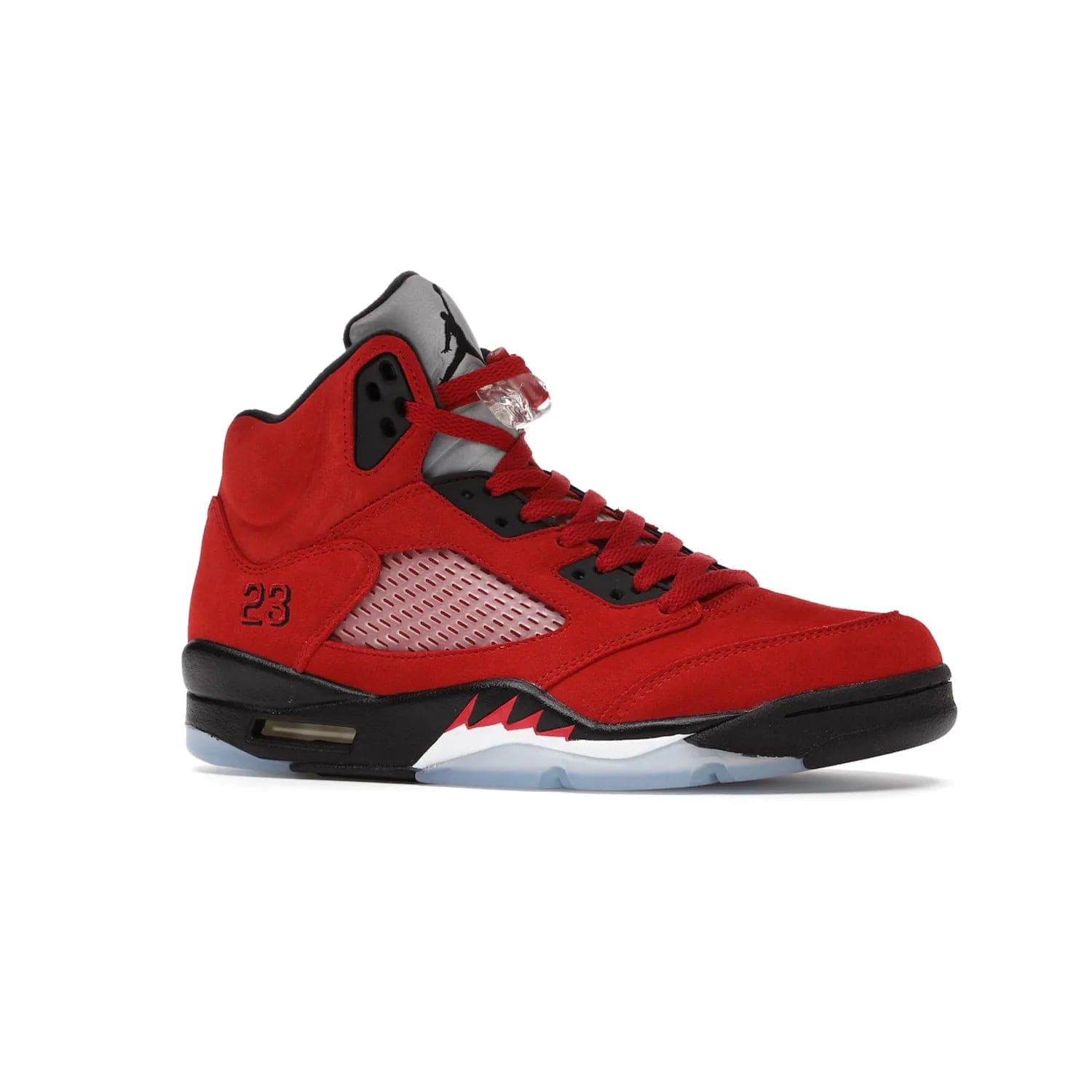 Jordan 5 Retro Raging Bull Red (2021) - Image 3 - Only at www.BallersClubKickz.com - Get ready for the 2021 stand-alone release of the Air Jordan 5 Raging Bulls! This all-suede upper combines luxe details like a Jumpman logo, red & black "23" embroidery and shark tooth detailing, atop a black midsole. Don't miss out - release date in April 2021 for $190.