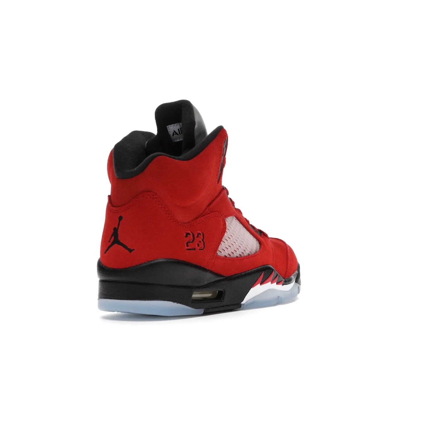 Jordan 5 Retro Raging Bull Red (2021) - Image 31 - Only at www.BallersClubKickz.com - Get ready for the 2021 stand-alone release of the Air Jordan 5 Raging Bulls! This all-suede upper combines luxe details like a Jumpman logo, red & black "23" embroidery and shark tooth detailing, atop a black midsole. Don't miss out - release date in April 2021 for $190.