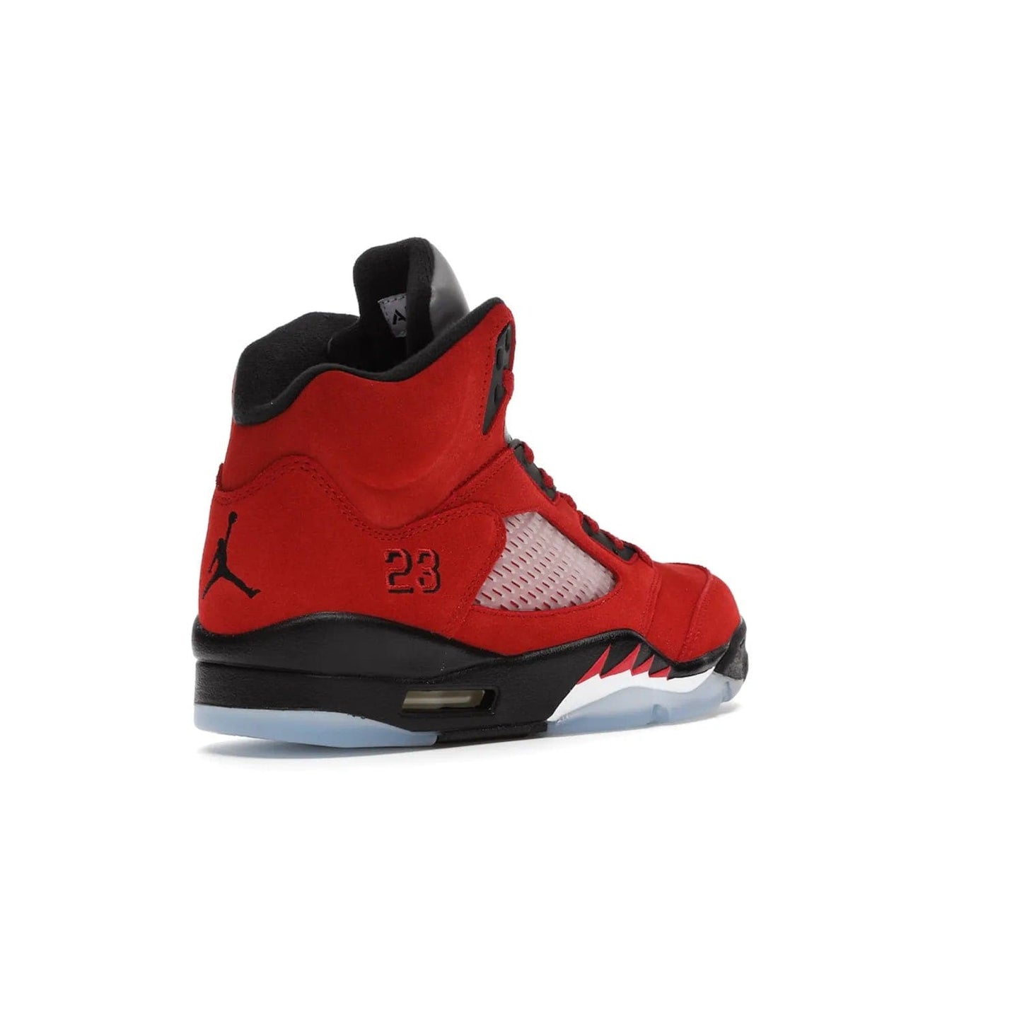 Jordan 5 Retro Raging Bull Red (2021) - Image 32 - Only at www.BallersClubKickz.com - Get ready for the 2021 stand-alone release of the Air Jordan 5 Raging Bulls! This all-suede upper combines luxe details like a Jumpman logo, red & black "23" embroidery and shark tooth detailing, atop a black midsole. Don't miss out - release date in April 2021 for $190.