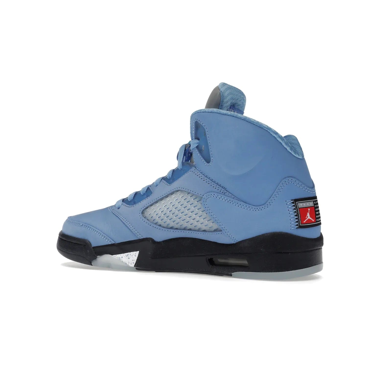 Jordan 5 Retro UNC University Blue - Image 22 - Only at www.BallersClubKickz.com - Fresh Air Jordan 5 Retro UNC University Blue in University Blue laces to honor Michael Jordan's alma mater. 3M reflective tongue, black Jumpman logo, contrasted by black midsole and translucent blue outsole. Drops March 5, 2023.