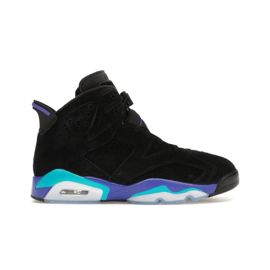 Jordan 6 Retro Aqua - Image 1 - Only at www.BallersClubKickz.com - Feel the classic Jordan 6 Retro Aqua paired with modern style. Black, Bright Concord, and Aquatone hues are crafted with a supple suede and rubberized heel tab. This standout sneaker adds signature Jordan elements at $200. Elevate your style with the Jordan 6 Retro Aqua.