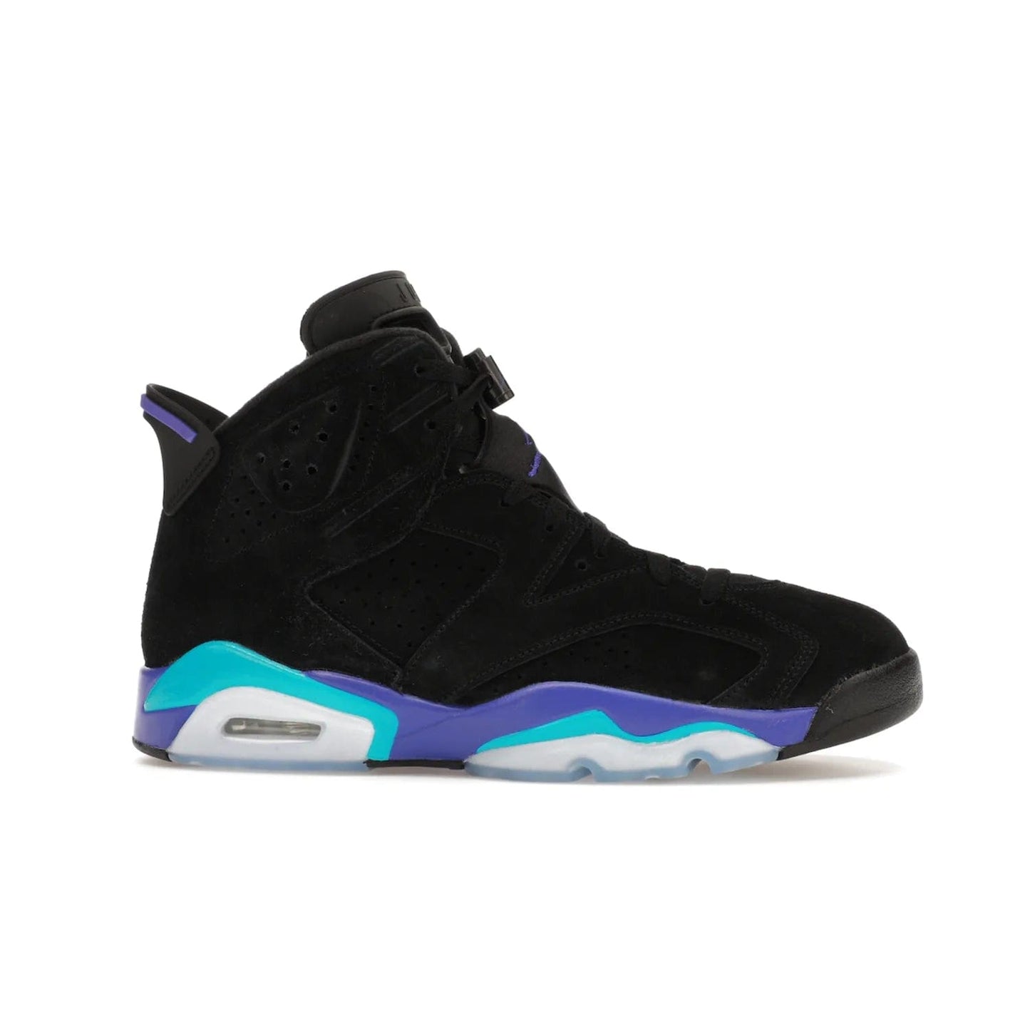 Jordan 6 Retro Aqua - Image 2 - Only at www.BallersClubKickz.com - Feel the classic Jordan 6 Retro Aqua paired with modern style. Black, Bright Concord, and Aquatone hues are crafted with a supple suede and rubberized heel tab. This standout sneaker adds signature Jordan elements at $200. Elevate your style with the Jordan 6 Retro Aqua.
