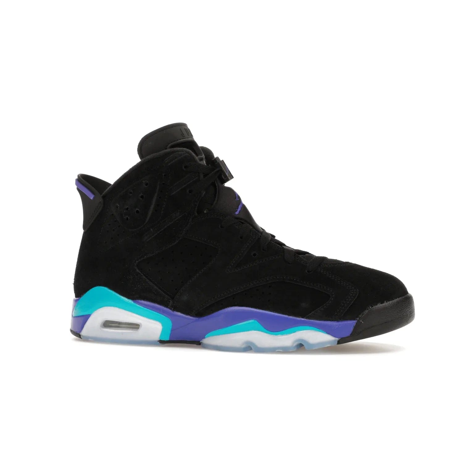 Jordan 6 Retro Aqua - Image 3 - Only at www.BallersClubKickz.com - Feel the classic Jordan 6 Retro Aqua paired with modern style. Black, Bright Concord, and Aquatone hues are crafted with a supple suede and rubberized heel tab. This standout sneaker adds signature Jordan elements at $200. Elevate your style with the Jordan 6 Retro Aqua.