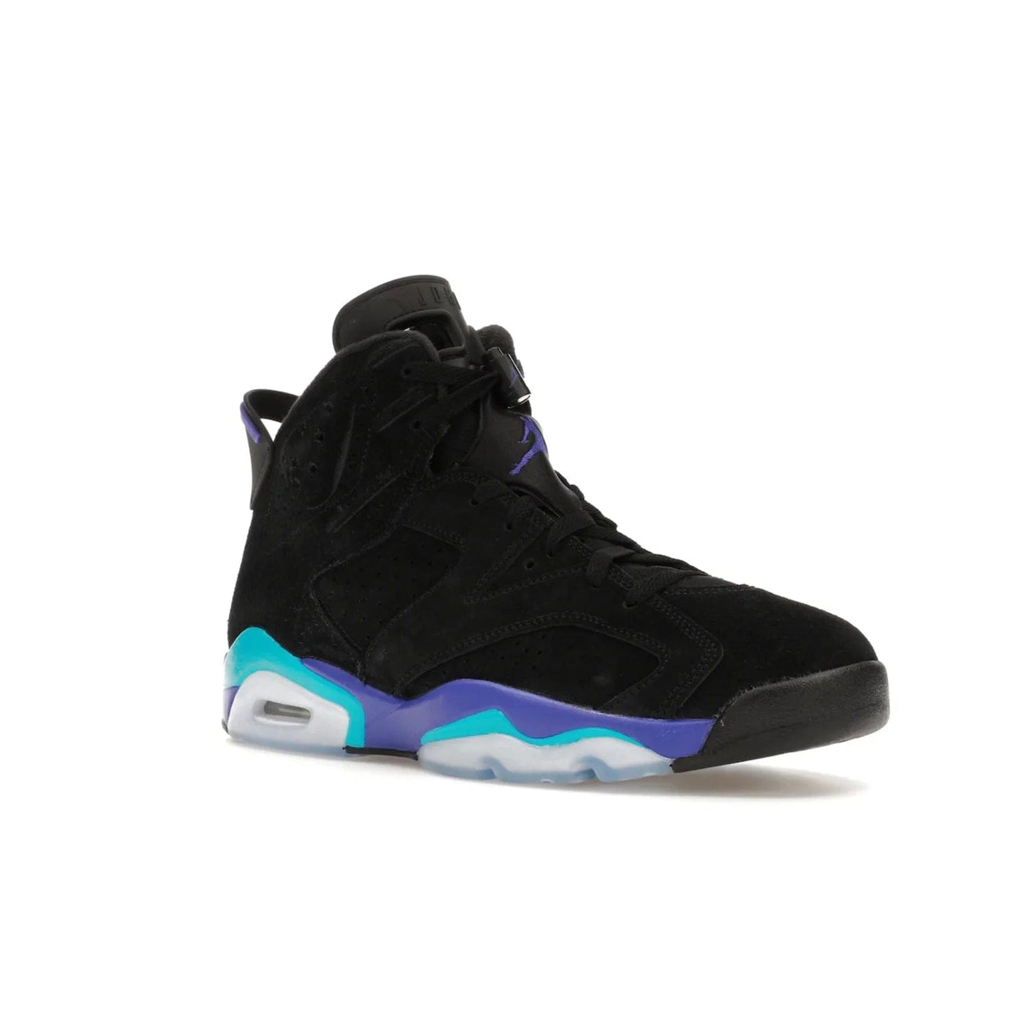 Jordan 6 Retro Aqua - Image 5 - Only at www.BallersClubKickz.com - Feel the classic Jordan 6 Retro Aqua paired with modern style. Black, Bright Concord, and Aquatone hues are crafted with a supple suede and rubberized heel tab. This standout sneaker adds signature Jordan elements at $200. Elevate your style with the Jordan 6 Retro Aqua.