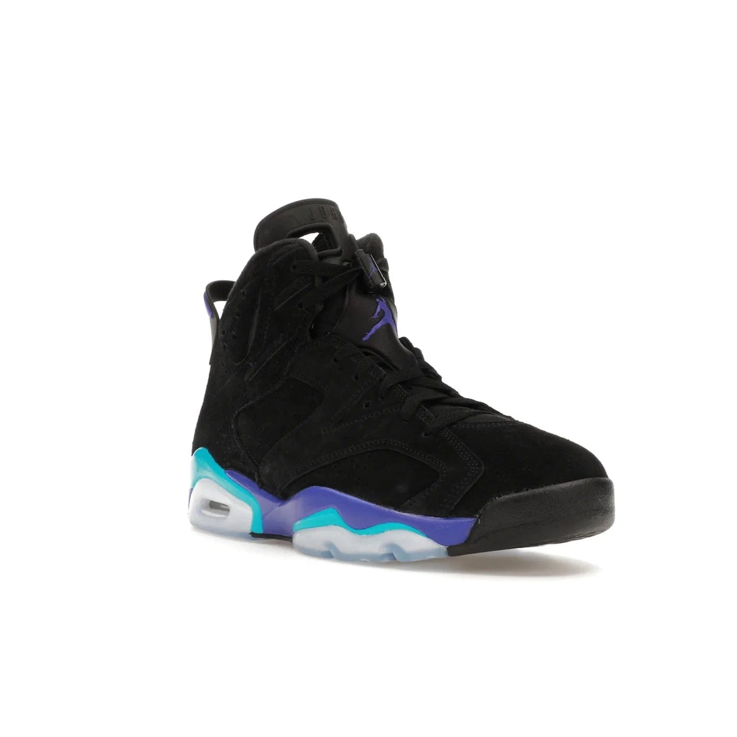 Jordan 6 Retro Aqua - Image 6 - Only at www.BallersClubKickz.com - Feel the classic Jordan 6 Retro Aqua paired with modern style. Black, Bright Concord, and Aquatone hues are crafted with a supple suede and rubberized heel tab. This standout sneaker adds signature Jordan elements at $200. Elevate your style with the Jordan 6 Retro Aqua.