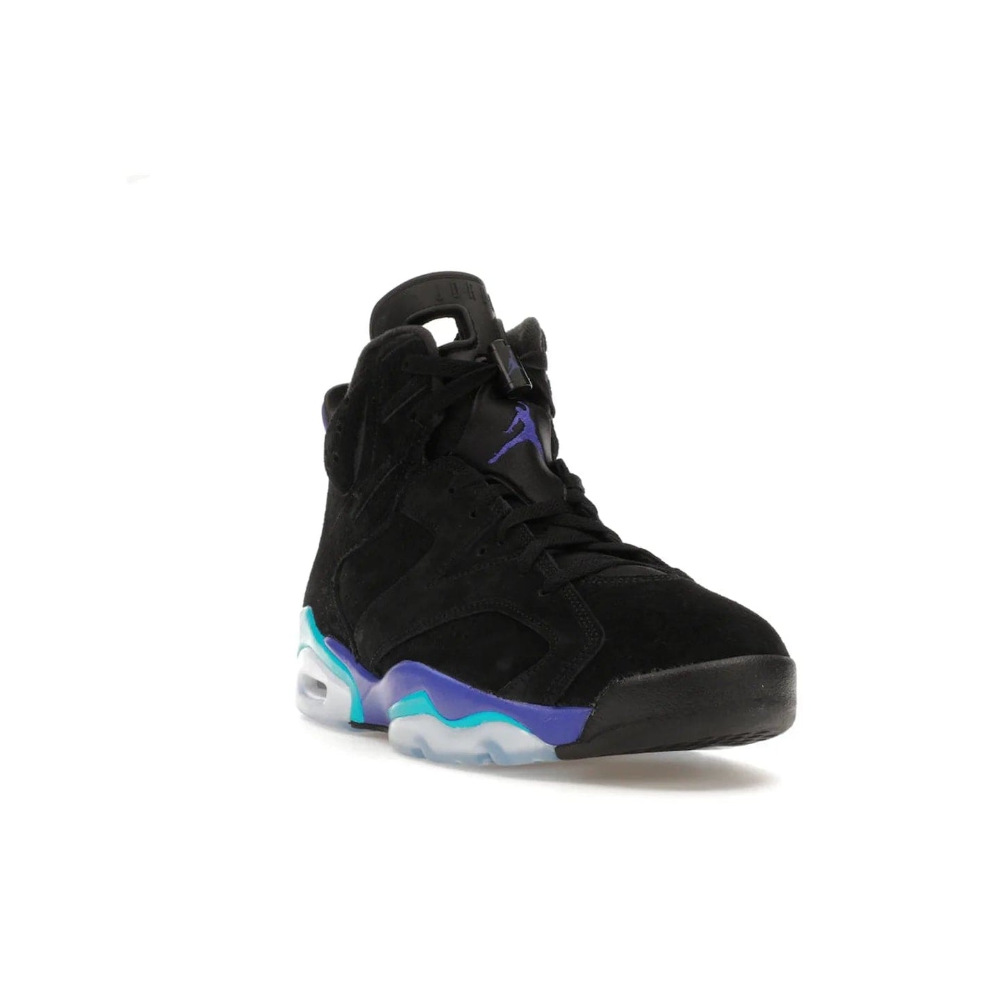 Jordan 6 Retro Aqua - Image 7 - Only at www.BallersClubKickz.com - Feel the classic Jordan 6 Retro Aqua paired with modern style. Black, Bright Concord, and Aquatone hues are crafted with a supple suede and rubberized heel tab. This standout sneaker adds signature Jordan elements at $200. Elevate your style with the Jordan 6 Retro Aqua.