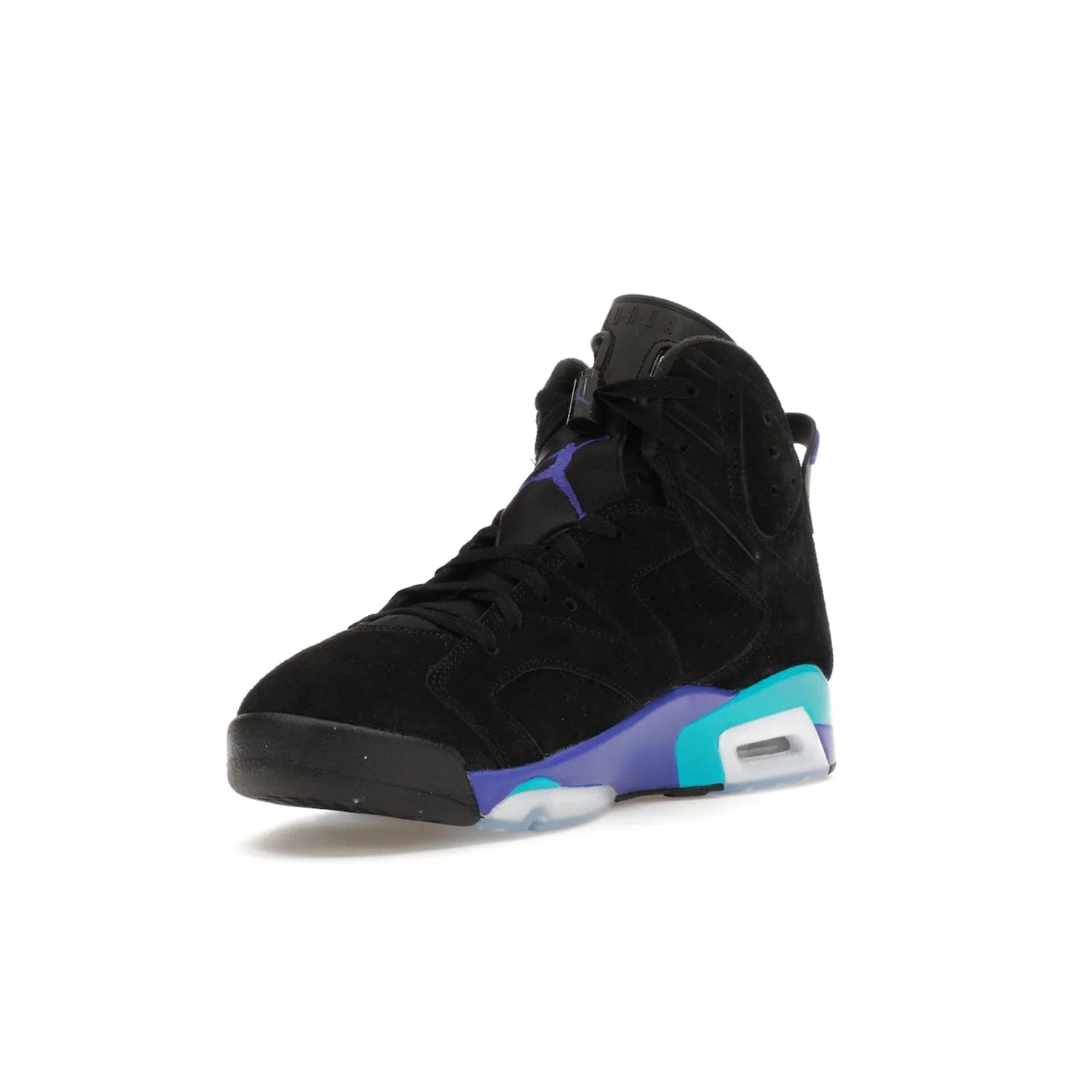 Jordan 6 Retro Aqua - Image 14 - Only at www.BallersClubKickz.com - Feel the classic Jordan 6 Retro Aqua paired with modern style. Black, Bright Concord, and Aquatone hues are crafted with a supple suede and rubberized heel tab. This standout sneaker adds signature Jordan elements at $200. Elevate your style with the Jordan 6 Retro Aqua.
