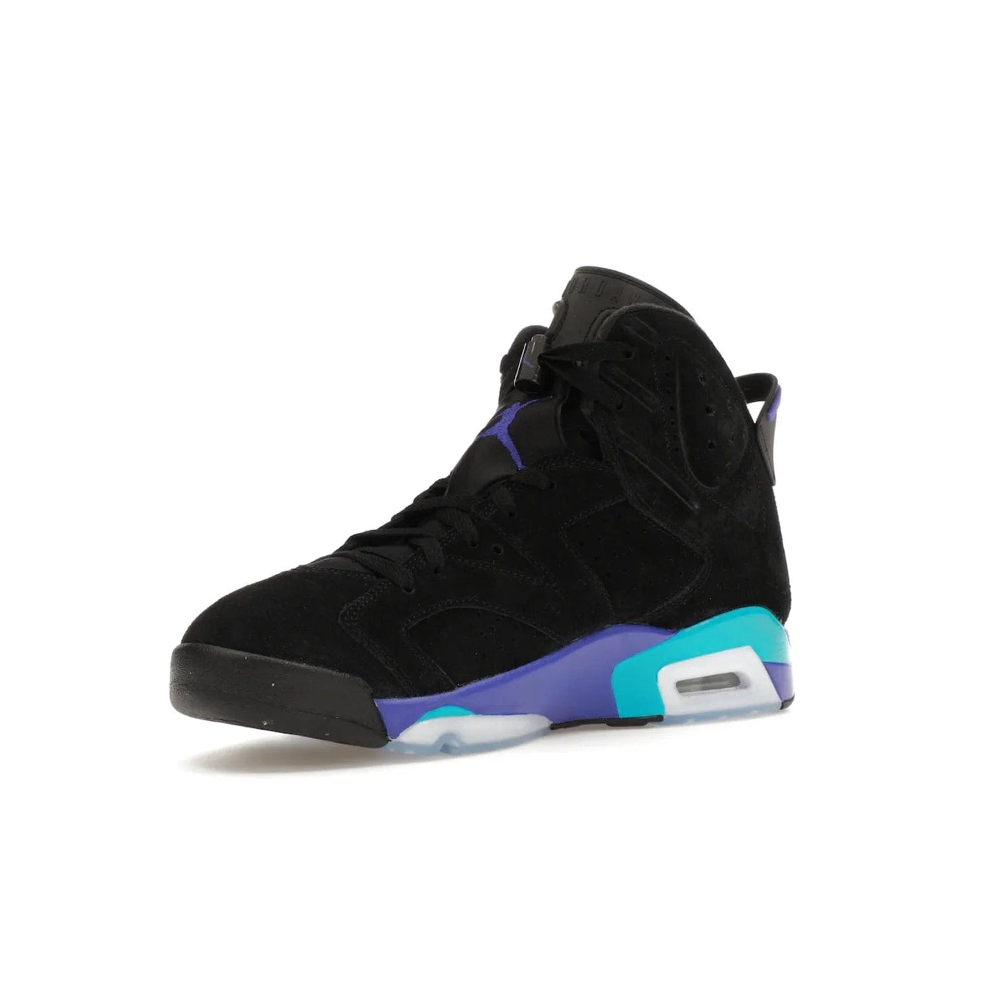 Jordan 6 Retro Aqua - Image 15 - Only at www.BallersClubKickz.com - Feel the classic Jordan 6 Retro Aqua paired with modern style. Black, Bright Concord, and Aquatone hues are crafted with a supple suede and rubberized heel tab. This standout sneaker adds signature Jordan elements at $200. Elevate your style with the Jordan 6 Retro Aqua.