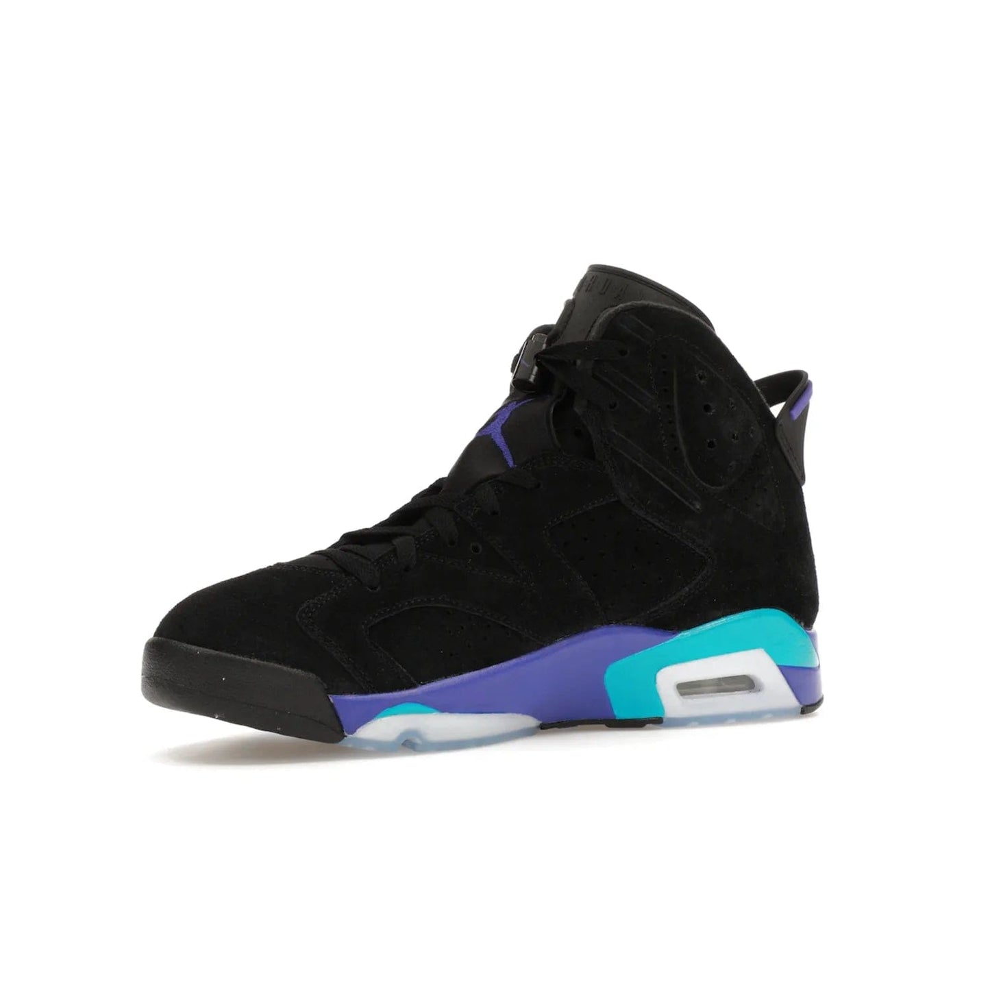 Jordan 6 Retro Aqua - Image 16 - Only at www.BallersClubKickz.com - Feel the classic Jordan 6 Retro Aqua paired with modern style. Black, Bright Concord, and Aquatone hues are crafted with a supple suede and rubberized heel tab. This standout sneaker adds signature Jordan elements at $200. Elevate your style with the Jordan 6 Retro Aqua.