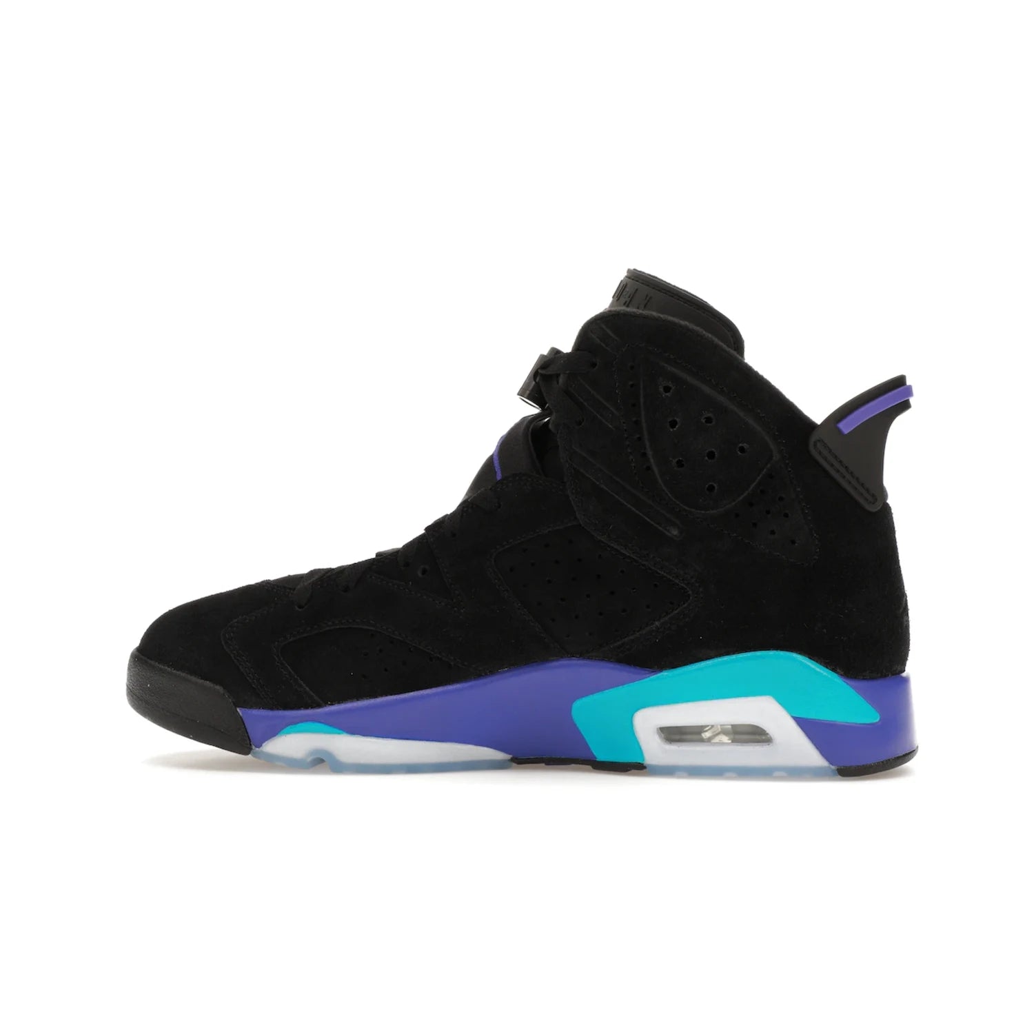 Jordan 6 Retro Aqua - Image 20 - Only at www.BallersClubKickz.com - Feel the classic Jordan 6 Retro Aqua paired with modern style. Black, Bright Concord, and Aquatone hues are crafted with a supple suede and rubberized heel tab. This standout sneaker adds signature Jordan elements at $200. Elevate your style with the Jordan 6 Retro Aqua.
