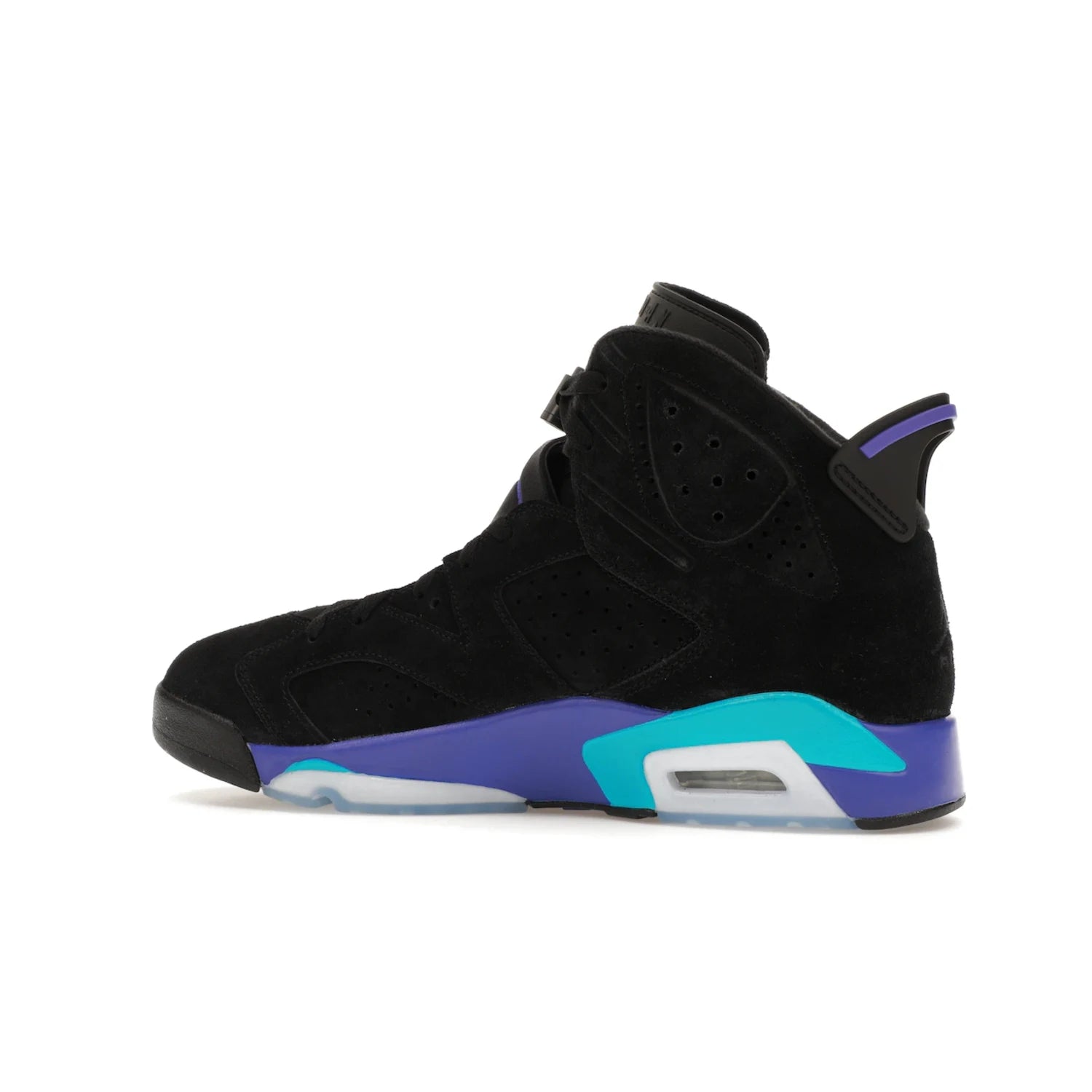 Jordan 6 Retro Aqua - Image 21 - Only at www.BallersClubKickz.com - Feel the classic Jordan 6 Retro Aqua paired with modern style. Black, Bright Concord, and Aquatone hues are crafted with a supple suede and rubberized heel tab. This standout sneaker adds signature Jordan elements at $200. Elevate your style with the Jordan 6 Retro Aqua.