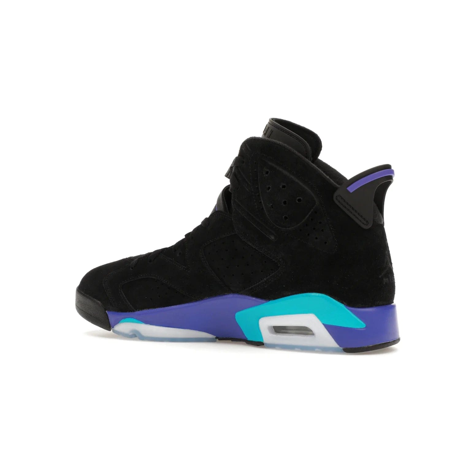 Jordan 6 Retro Aqua - Image 22 - Only at www.BallersClubKickz.com - Feel the classic Jordan 6 Retro Aqua paired with modern style. Black, Bright Concord, and Aquatone hues are crafted with a supple suede and rubberized heel tab. This standout sneaker adds signature Jordan elements at $200. Elevate your style with the Jordan 6 Retro Aqua.