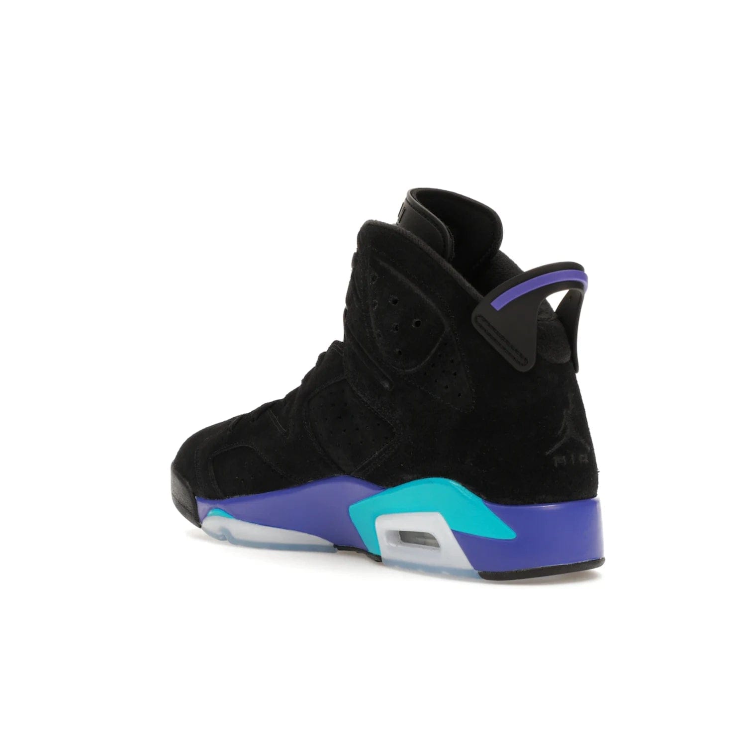 Jordan 6 Retro Aqua - Image 24 - Only at www.BallersClubKickz.com - Feel the classic Jordan 6 Retro Aqua paired with modern style. Black, Bright Concord, and Aquatone hues are crafted with a supple suede and rubberized heel tab. This standout sneaker adds signature Jordan elements at $200. Elevate your style with the Jordan 6 Retro Aqua.