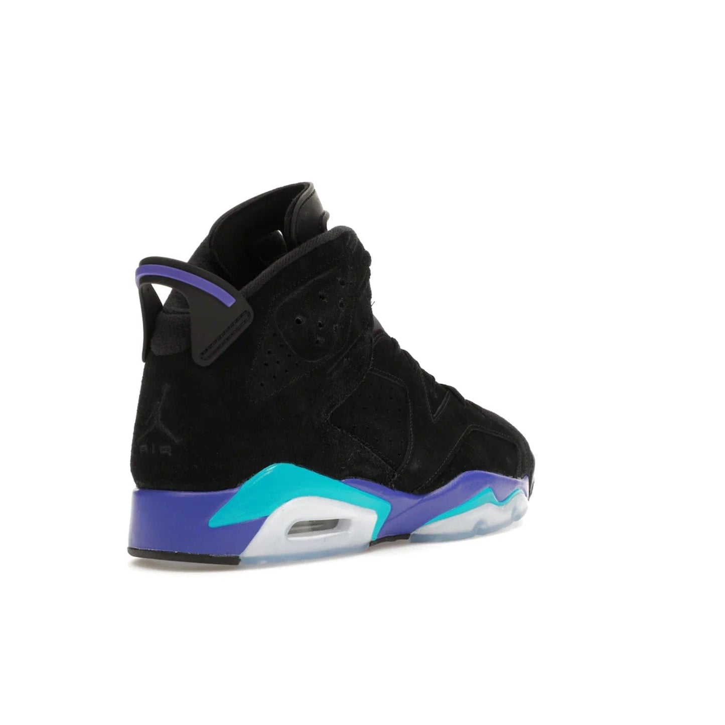 Jordan 6 Retro Aqua - Image 32 - Only at www.BallersClubKickz.com - Feel the classic Jordan 6 Retro Aqua paired with modern style. Black, Bright Concord, and Aquatone hues are crafted with a supple suede and rubberized heel tab. This standout sneaker adds signature Jordan elements at $200. Elevate your style with the Jordan 6 Retro Aqua.
