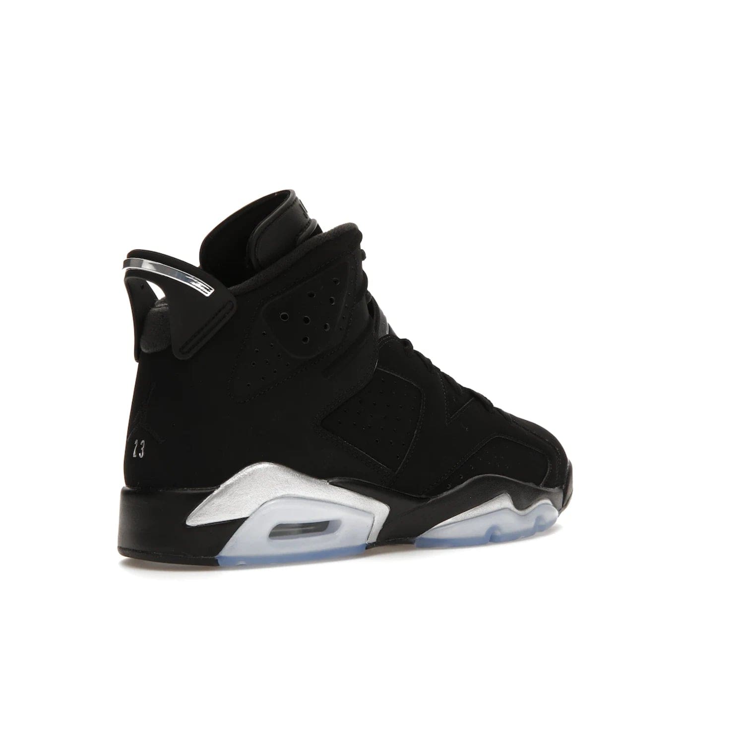 Jordan 6 Retro Chrome Metallic Silver - Image 33 - Only at www.BallersClubKickz.com - A signature sneaker from the Air Jordan franchise. Crafted with tumbled leather, synthetic nubuck, and synthetic textiles for superior comfort and support. Black and metallic silver colour palette. Black polyurethane midsole, translucent rubber outsole, Jumpman branding, windowed tongue, lace locks & spoiler-like heel tab. Air Jordan 6 Retro Metallic Silver for an athletic upgrade with a touch of class.
