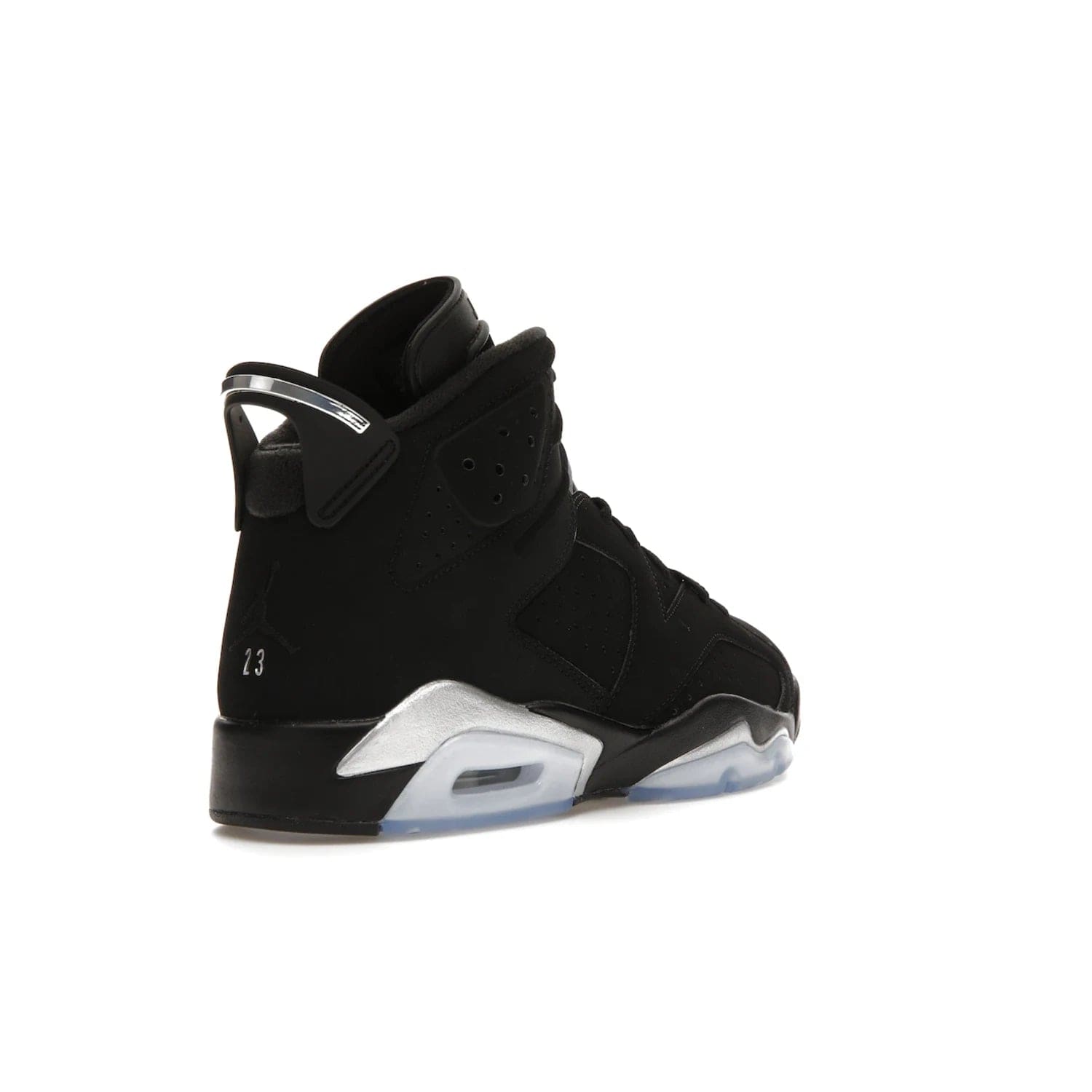 Jordan 6 Retro Chrome Metallic Silver - Image 32 - Only at www.BallersClubKickz.com - A signature sneaker from the Air Jordan franchise. Crafted with tumbled leather, synthetic nubuck, and synthetic textiles for superior comfort and support. Black and metallic silver colour palette. Black polyurethane midsole, translucent rubber outsole, Jumpman branding, windowed tongue, lace locks & spoiler-like heel tab. Air Jordan 6 Retro Metallic Silver for an athletic upgrade with a touch of class.