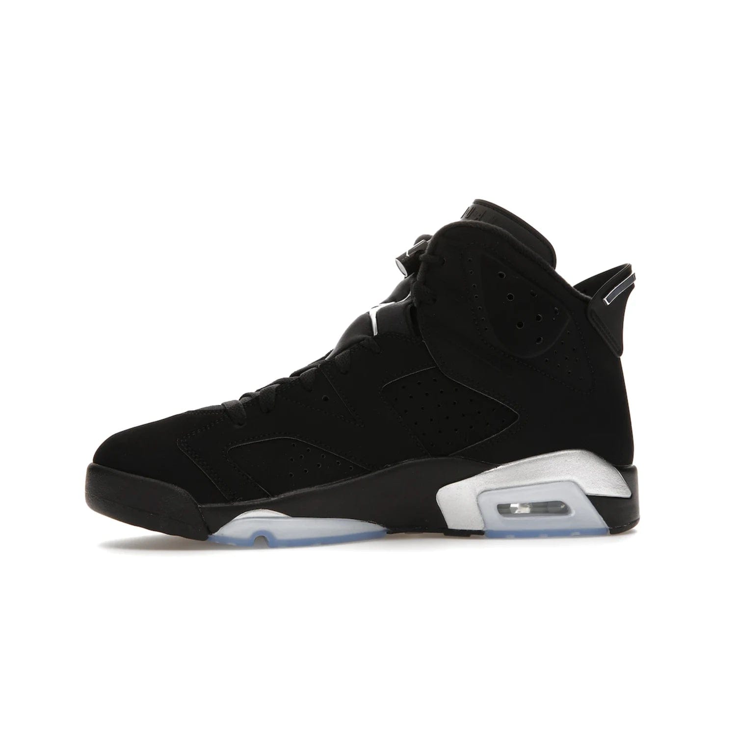 Jordan 6 Retro Chrome Metallic Silver - Image 18 - Only at www.BallersClubKickz.com - A signature sneaker from the Air Jordan franchise. Crafted with tumbled leather, synthetic nubuck, and synthetic textiles for superior comfort and support. Black and metallic silver colour palette. Black polyurethane midsole, translucent rubber outsole, Jumpman branding, windowed tongue, lace locks & spoiler-like heel tab. Air Jordan 6 Retro Metallic Silver for an athletic upgrade with a touch of class.