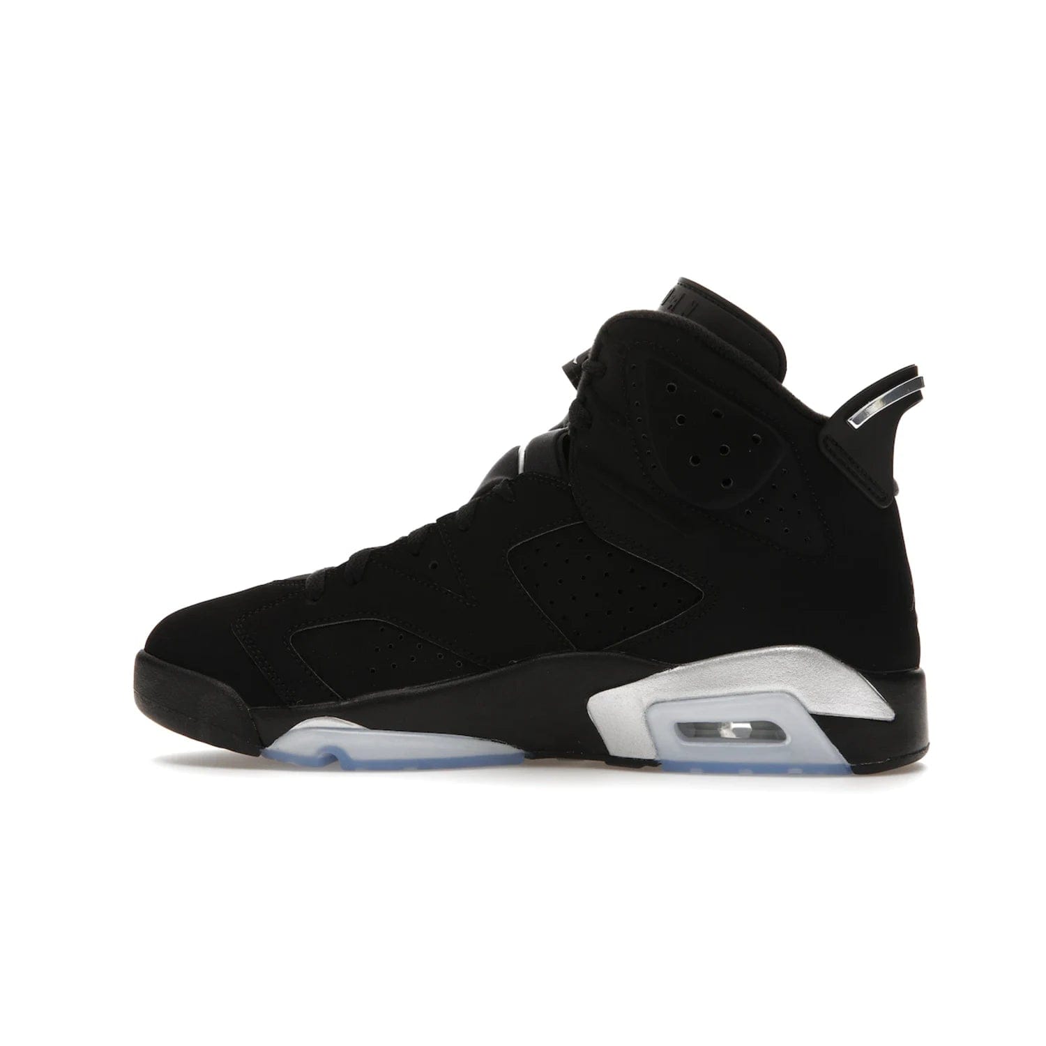 Jordan 6 Retro Chrome Metallic Silver - Image 20 - Only at www.BallersClubKickz.com - A signature sneaker from the Air Jordan franchise. Crafted with tumbled leather, synthetic nubuck, and synthetic textiles for superior comfort and support. Black and metallic silver colour palette. Black polyurethane midsole, translucent rubber outsole, Jumpman branding, windowed tongue, lace locks & spoiler-like heel tab. Air Jordan 6 Retro Metallic Silver for an athletic upgrade with a touch of class.
