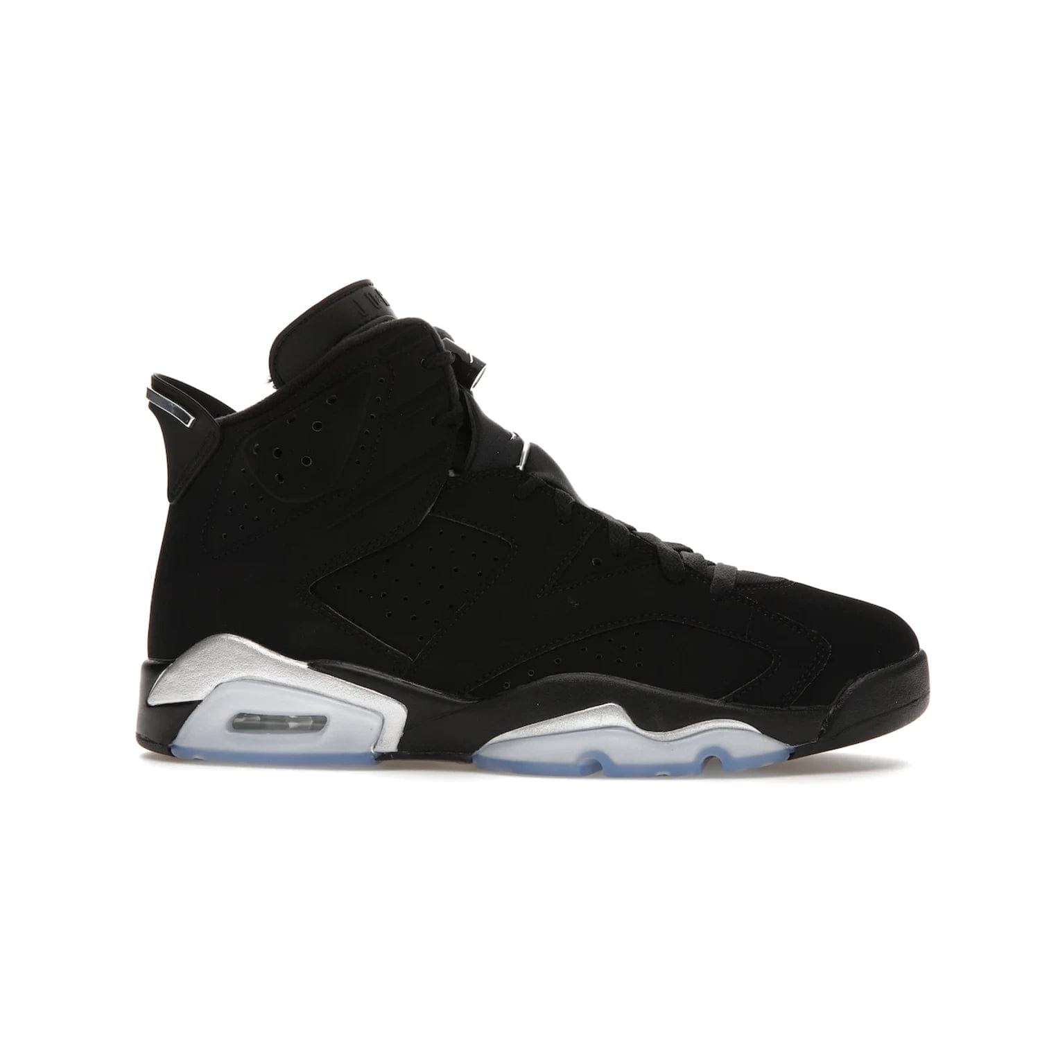 Jordan 6 Retro Chrome Metallic Silver - Image 2 - Only at www.BallersClubKickz.com - A signature sneaker from the Air Jordan franchise. Crafted with tumbled leather, synthetic nubuck, and synthetic textiles for superior comfort and support. Black and metallic silver colour palette. Black polyurethane midsole, translucent rubber outsole, Jumpman branding, windowed tongue, lace locks & spoiler-like heel tab. Air Jordan 6 Retro Metallic Silver for an athletic upgrade with a touch of class.