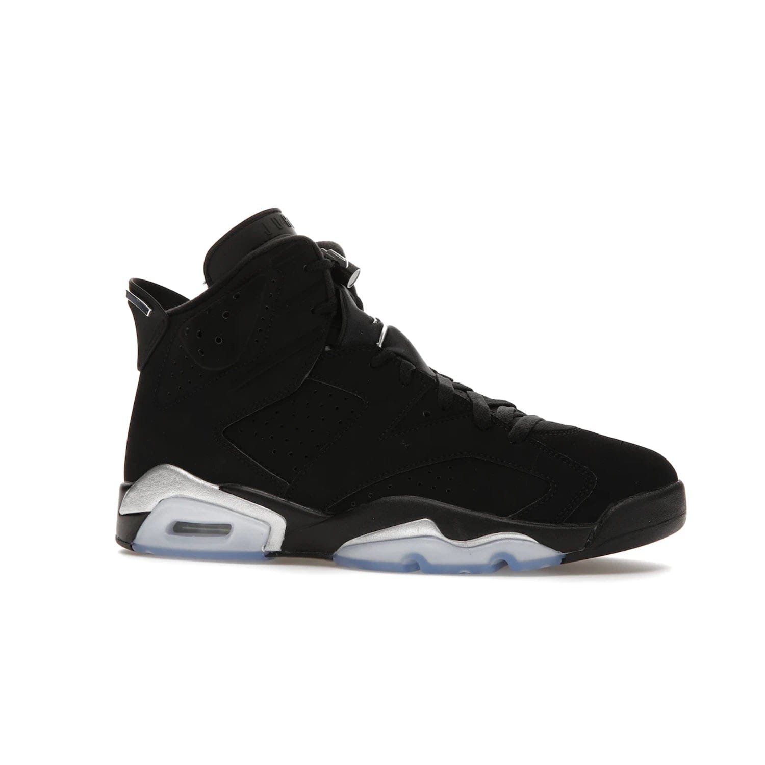 Jordan 6 Retro Chrome Metallic Silver - Image 3 - Only at www.BallersClubKickz.com - A signature sneaker from the Air Jordan franchise. Crafted with tumbled leather, synthetic nubuck, and synthetic textiles for superior comfort and support. Black and metallic silver colour palette. Black polyurethane midsole, translucent rubber outsole, Jumpman branding, windowed tongue, lace locks & spoiler-like heel tab. Air Jordan 6 Retro Metallic Silver for an athletic upgrade with a touch of class.