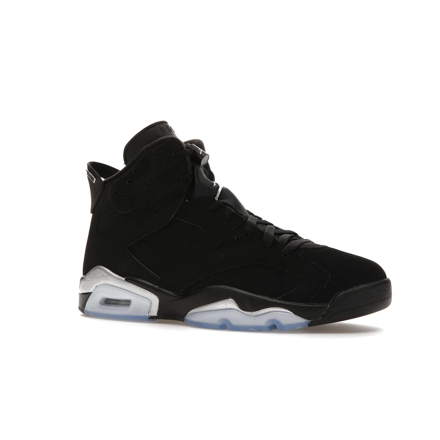 Jordan 6 Retro Chrome Metallic Silver - Image 4 - Only at www.BallersClubKickz.com - A signature sneaker from the Air Jordan franchise. Crafted with tumbled leather, synthetic nubuck, and synthetic textiles for superior comfort and support. Black and metallic silver colour palette. Black polyurethane midsole, translucent rubber outsole, Jumpman branding, windowed tongue, lace locks & spoiler-like heel tab. Air Jordan 6 Retro Metallic Silver for an athletic upgrade with a touch of class.