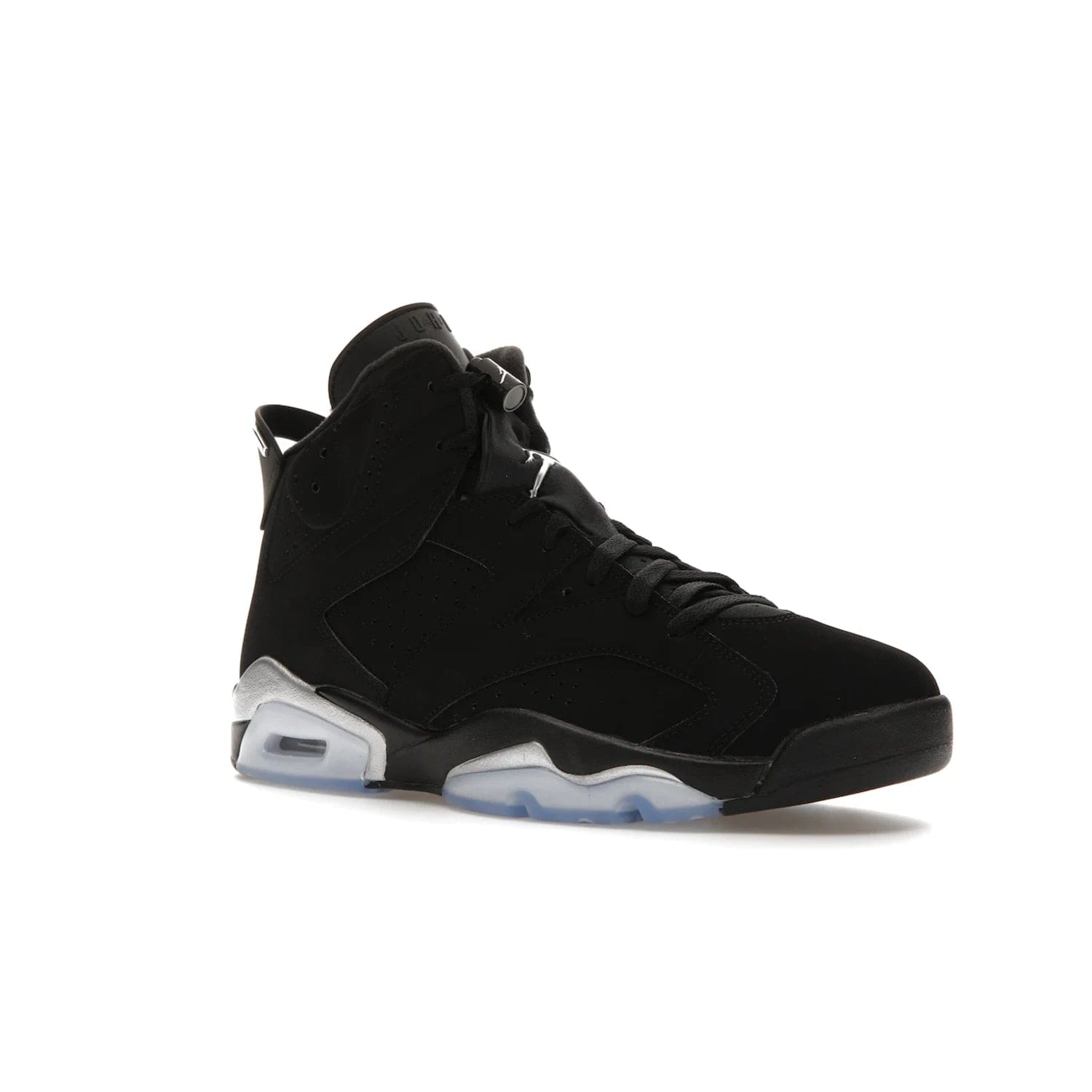Jordan 6 Retro Chrome Metallic Silver - Image 5 - Only at www.BallersClubKickz.com - A signature sneaker from the Air Jordan franchise. Crafted with tumbled leather, synthetic nubuck, and synthetic textiles for superior comfort and support. Black and metallic silver colour palette. Black polyurethane midsole, translucent rubber outsole, Jumpman branding, windowed tongue, lace locks & spoiler-like heel tab. Air Jordan 6 Retro Metallic Silver for an athletic upgrade with a touch of class.